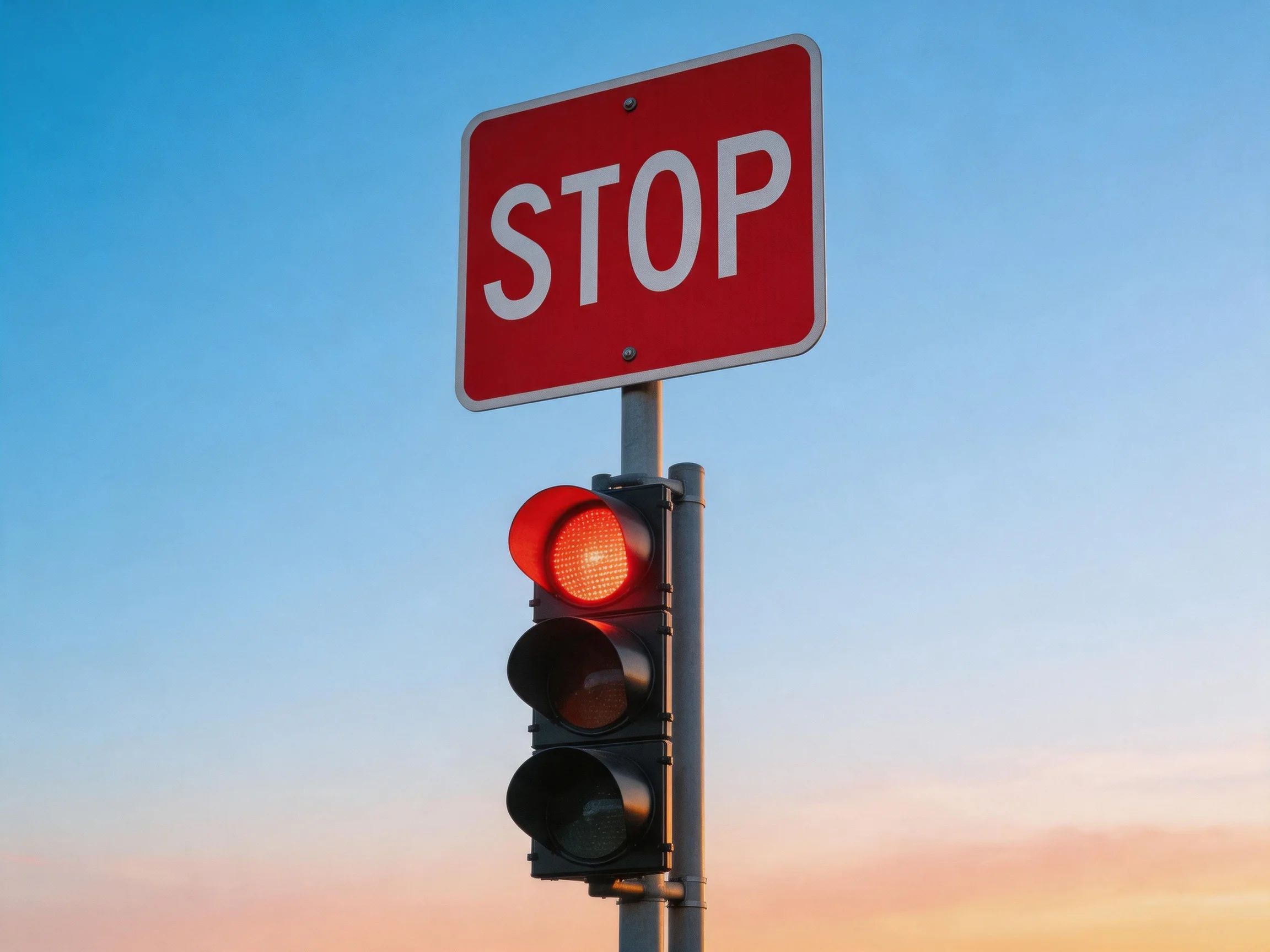 A red stop sign and illuminated traffic lights against a gradient sky