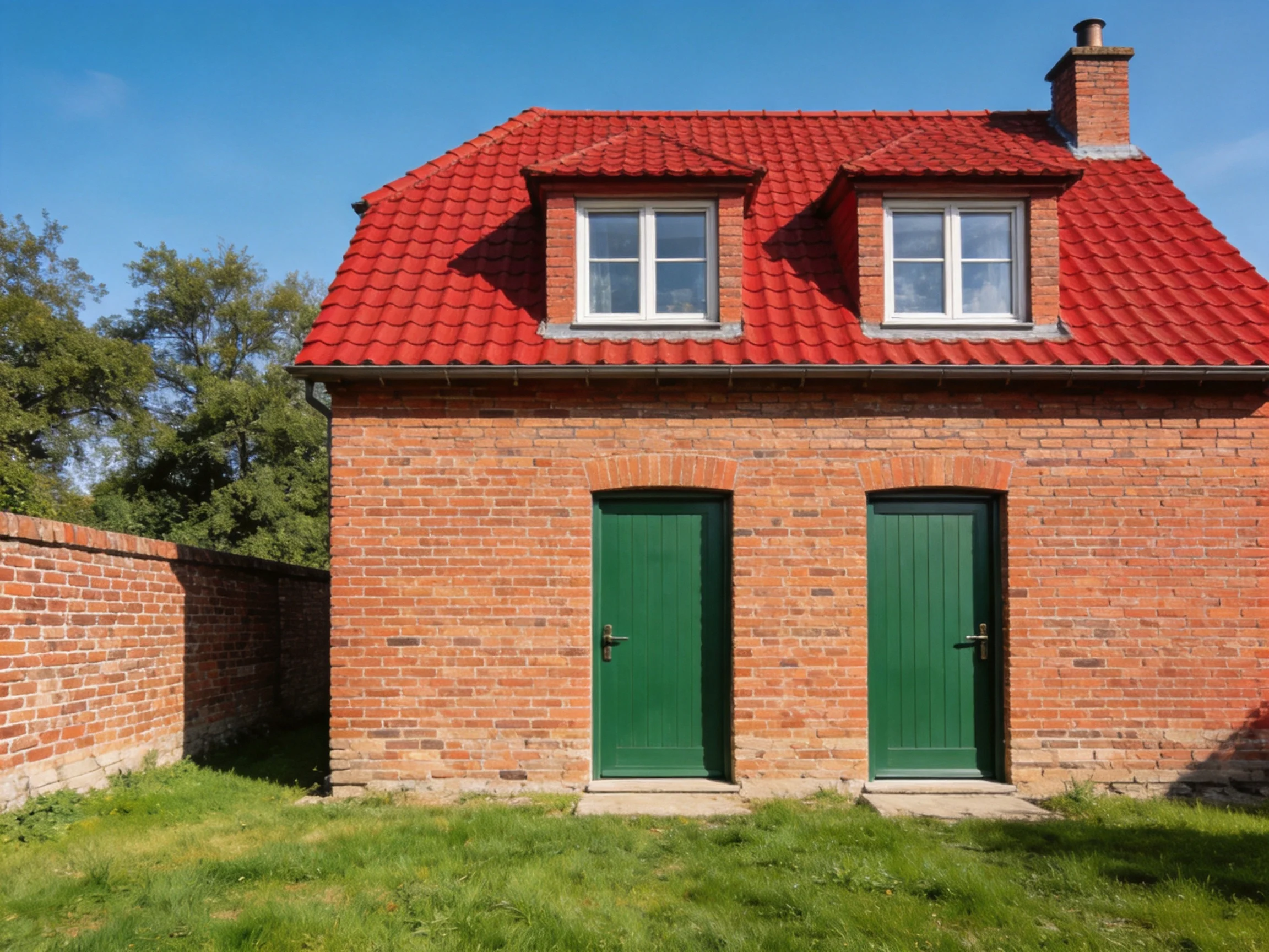 A red-tiled roof brick house with two green doors