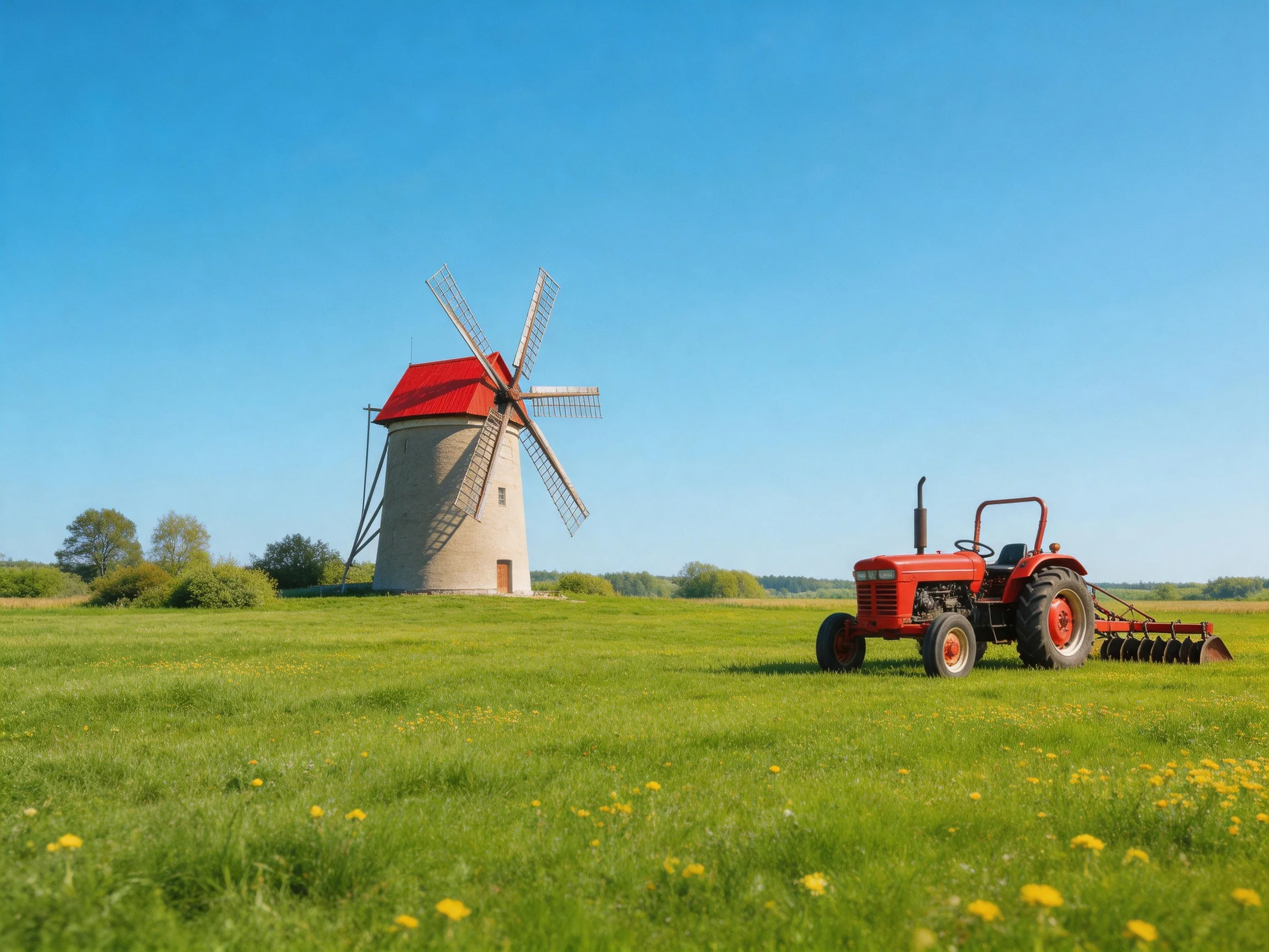 A red tractor beside a traditional stone windmill in a green field
