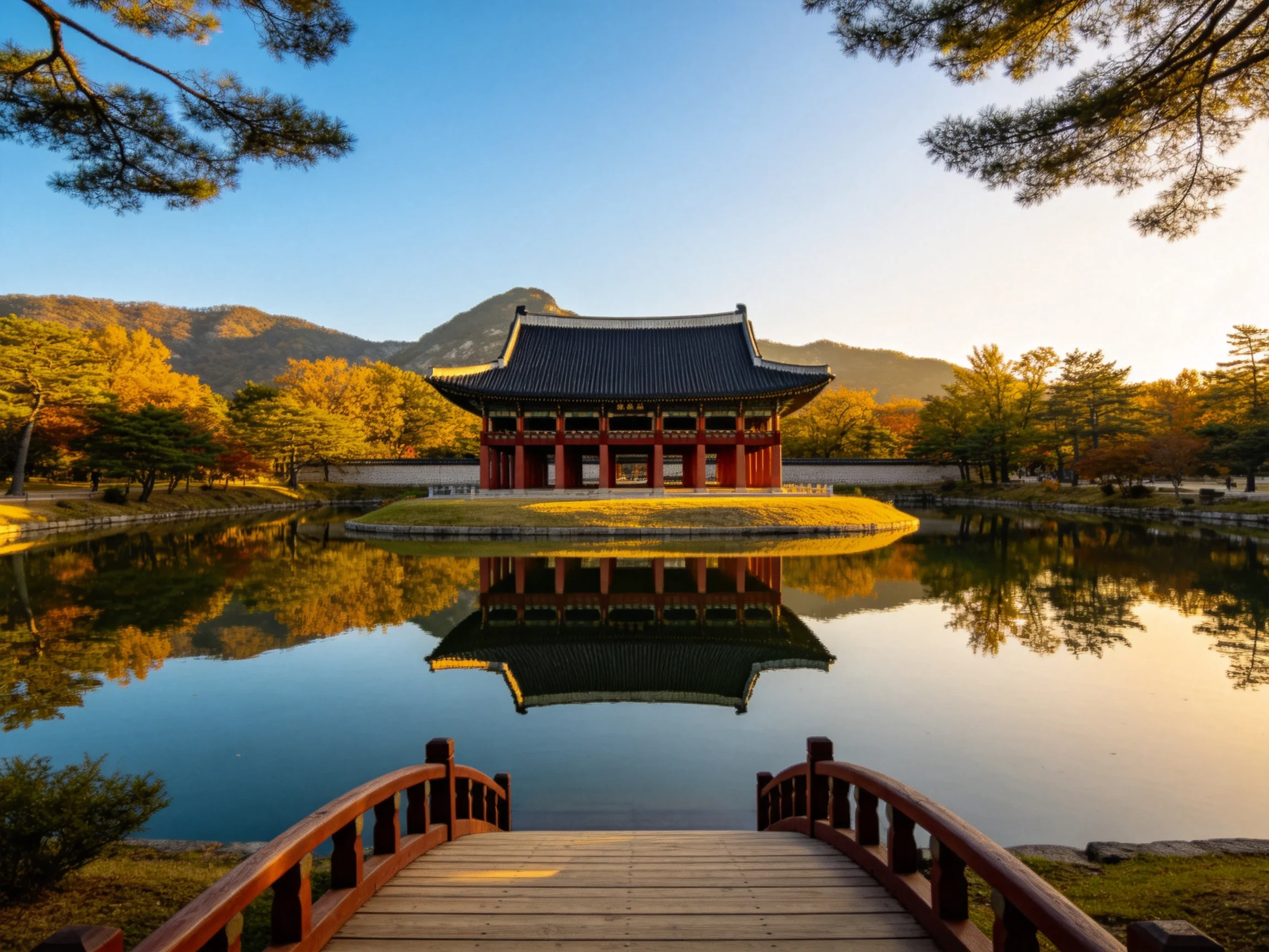 A red traditional pavilion reflects in a pond with autumn surroundings