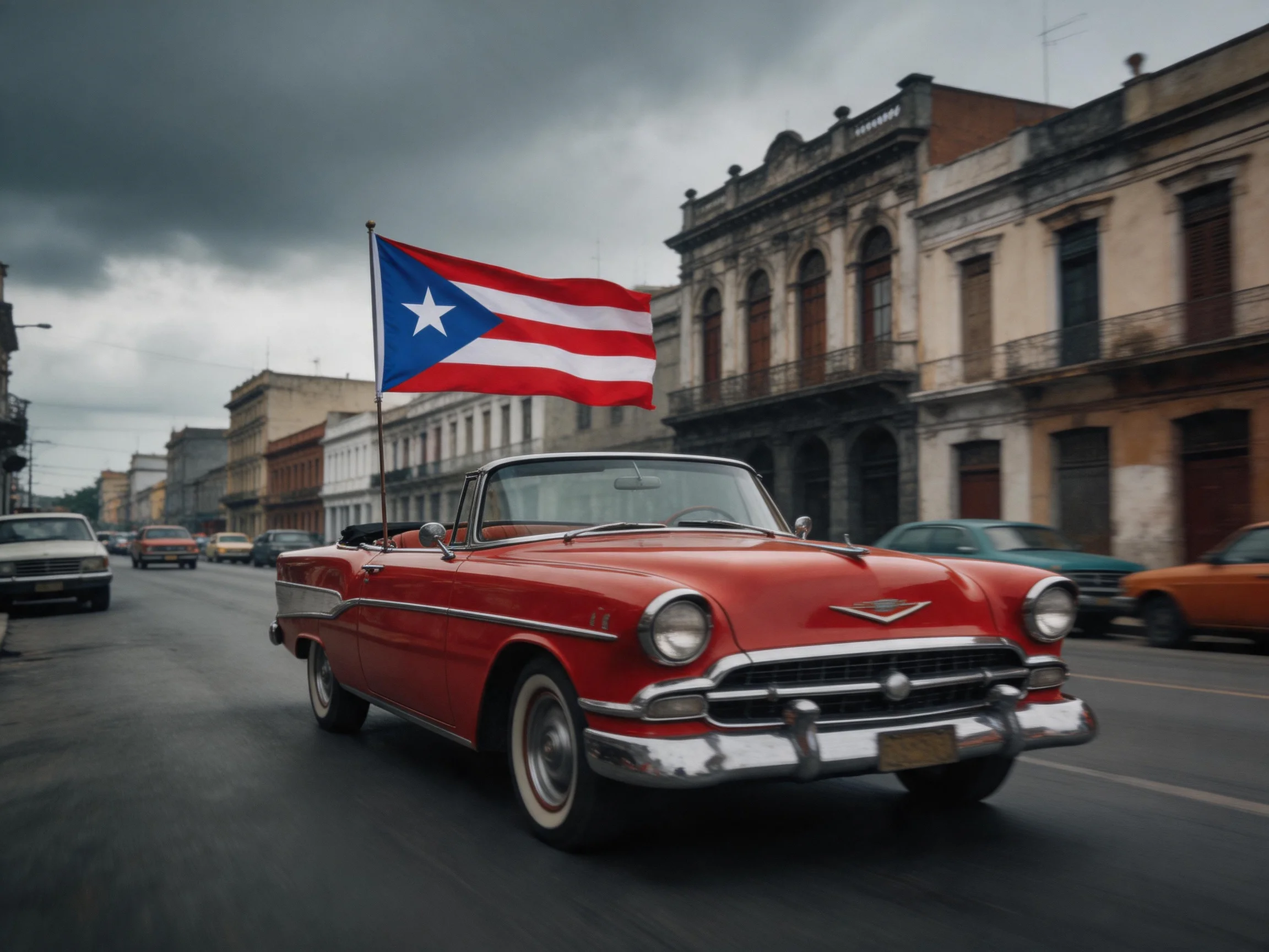 A red vintage convertible with a Puerto Rican flag on an old town street