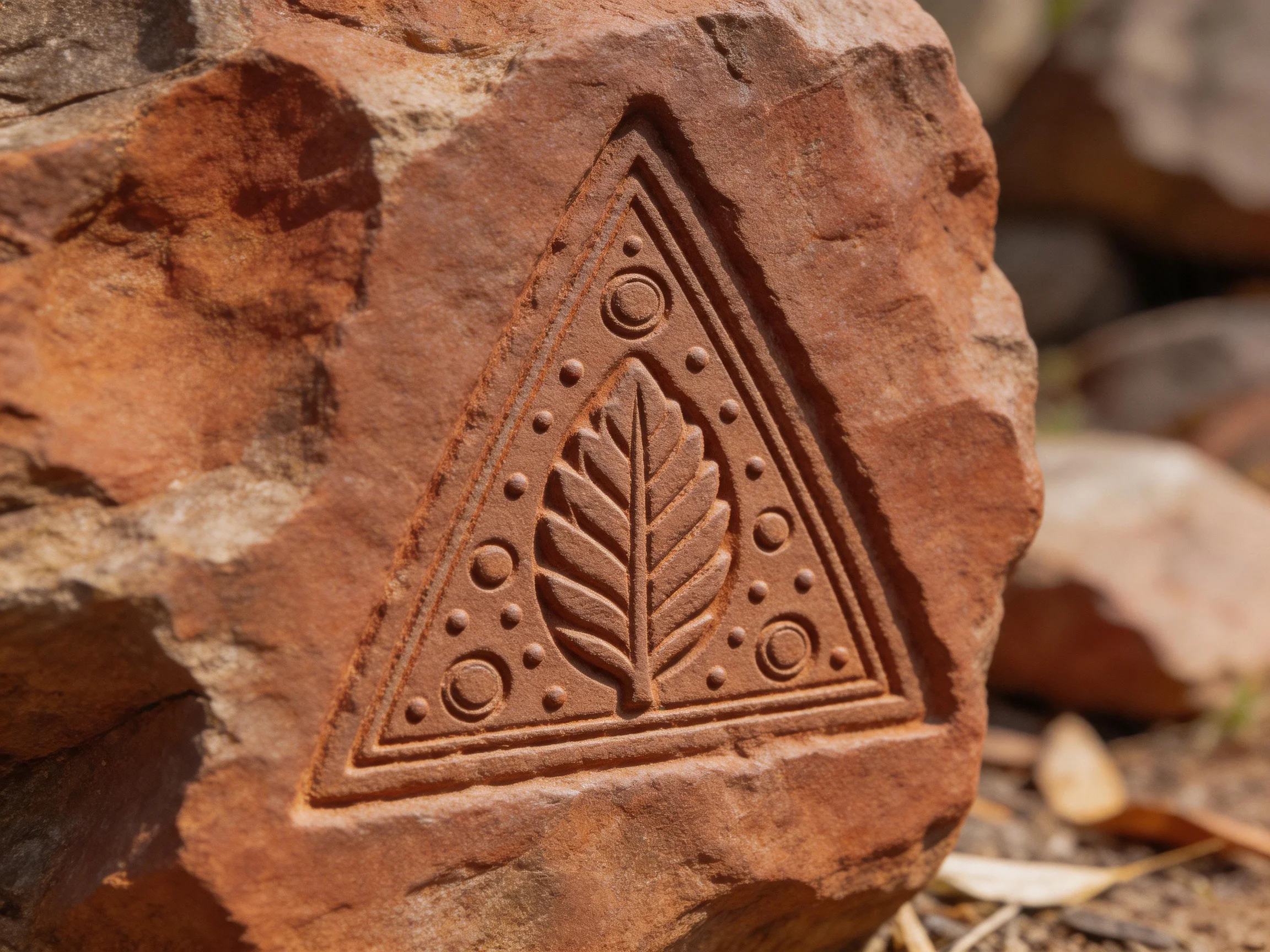 A reddish-brown stone displays an engraved triangular leaf design