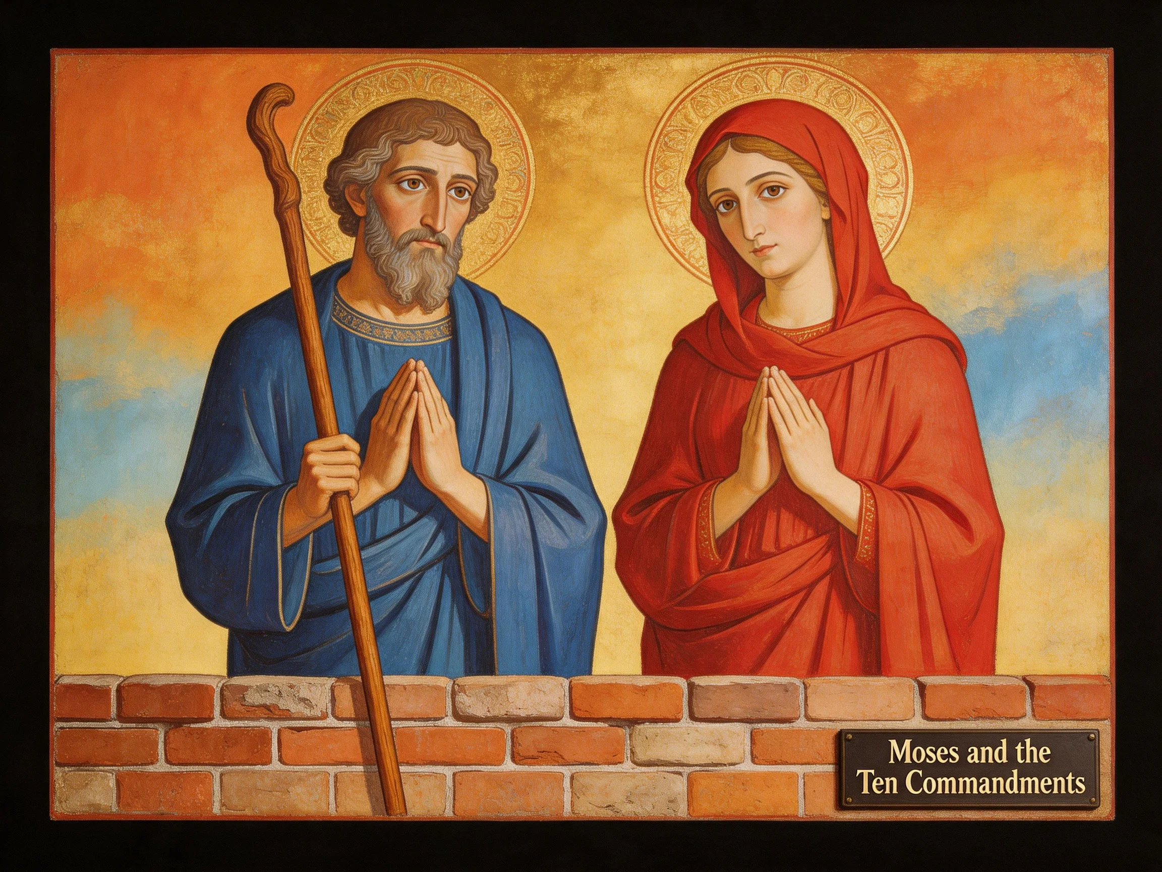 A religious painting shows Moses in blue robes, woman in red garments, beside a brick wall