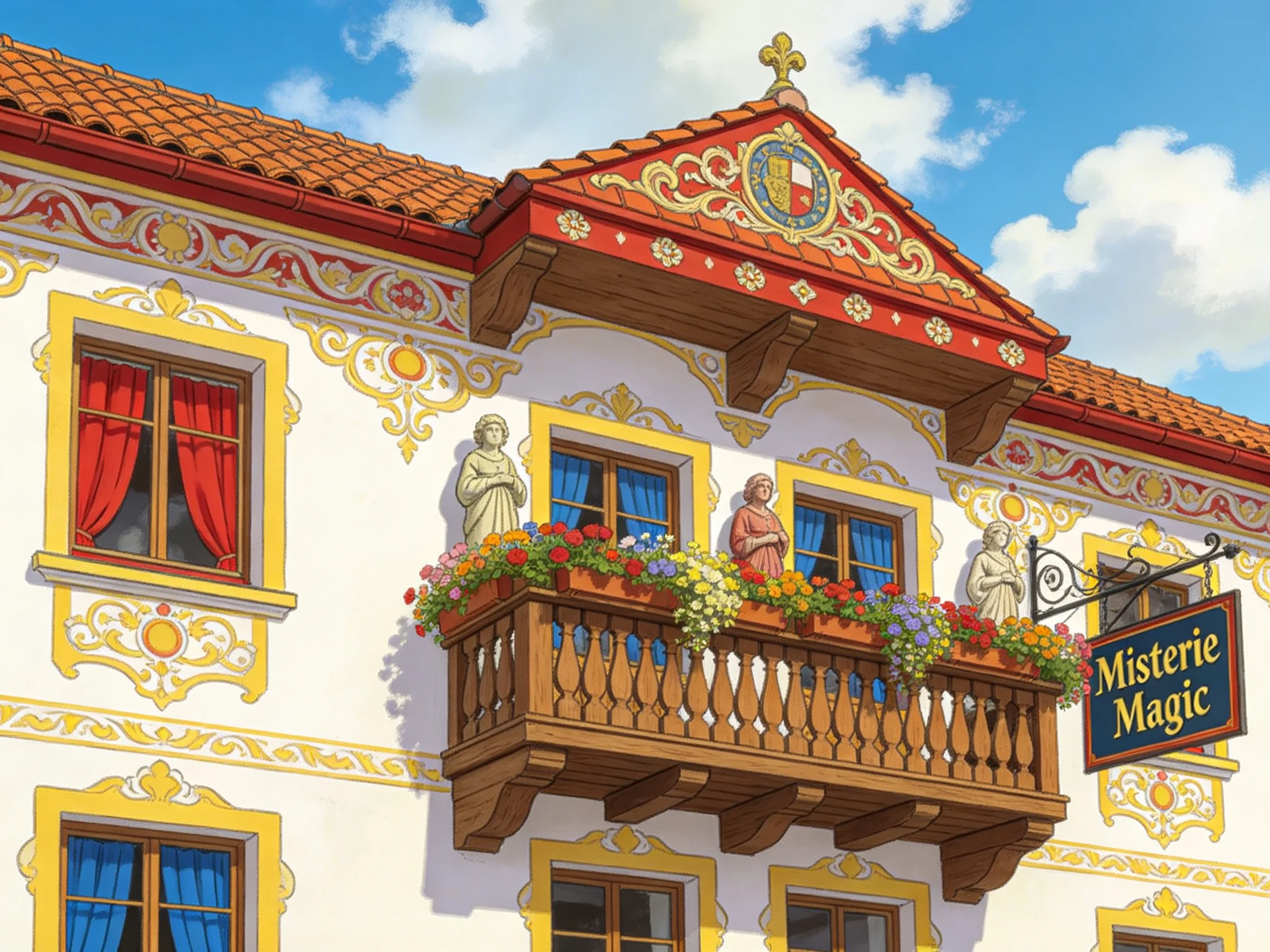 A richly decorated historic building with a flower balcony and Misterie Magic sign