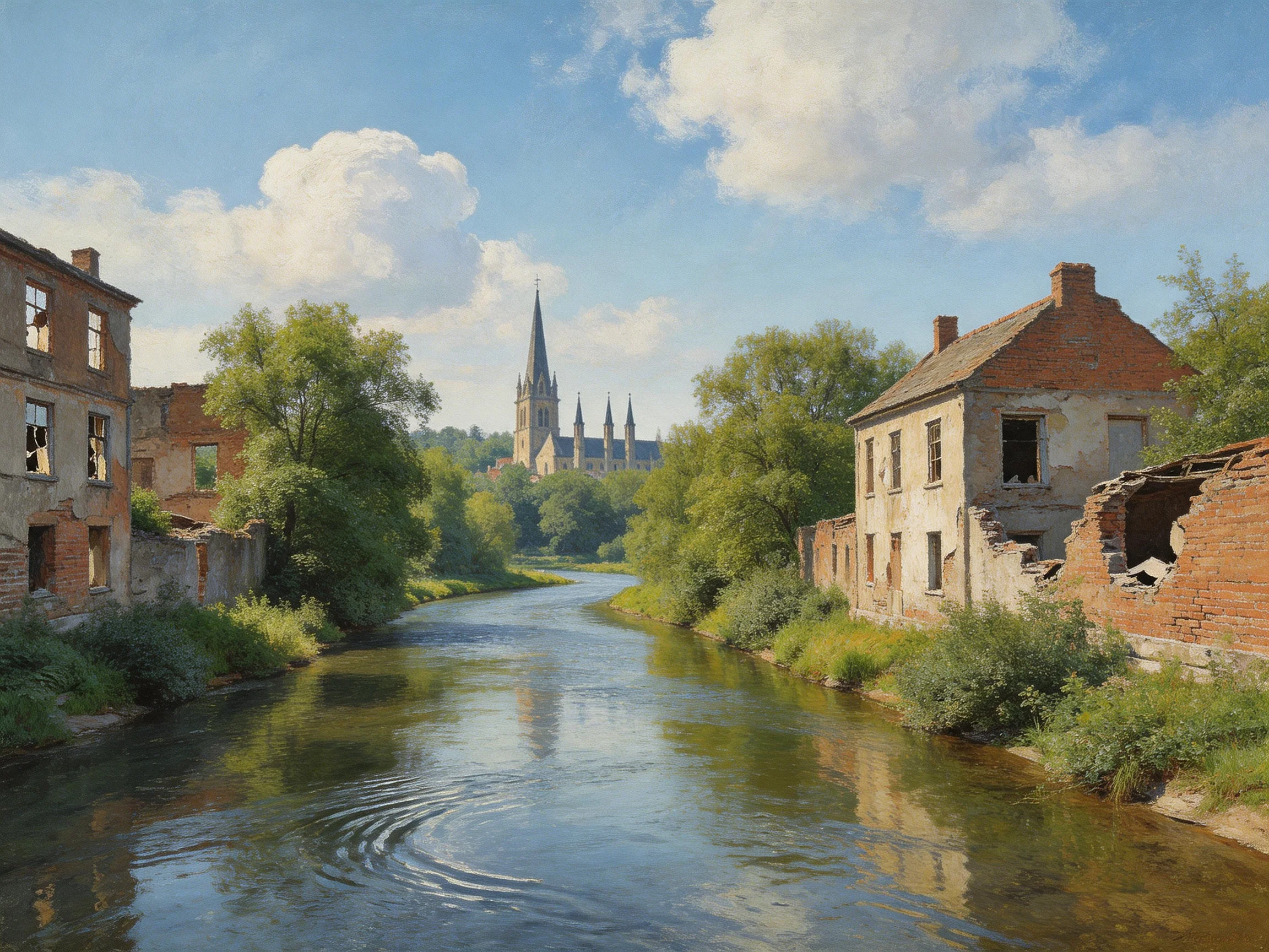 A river bordered by aged brick ruins near a historic cathedral