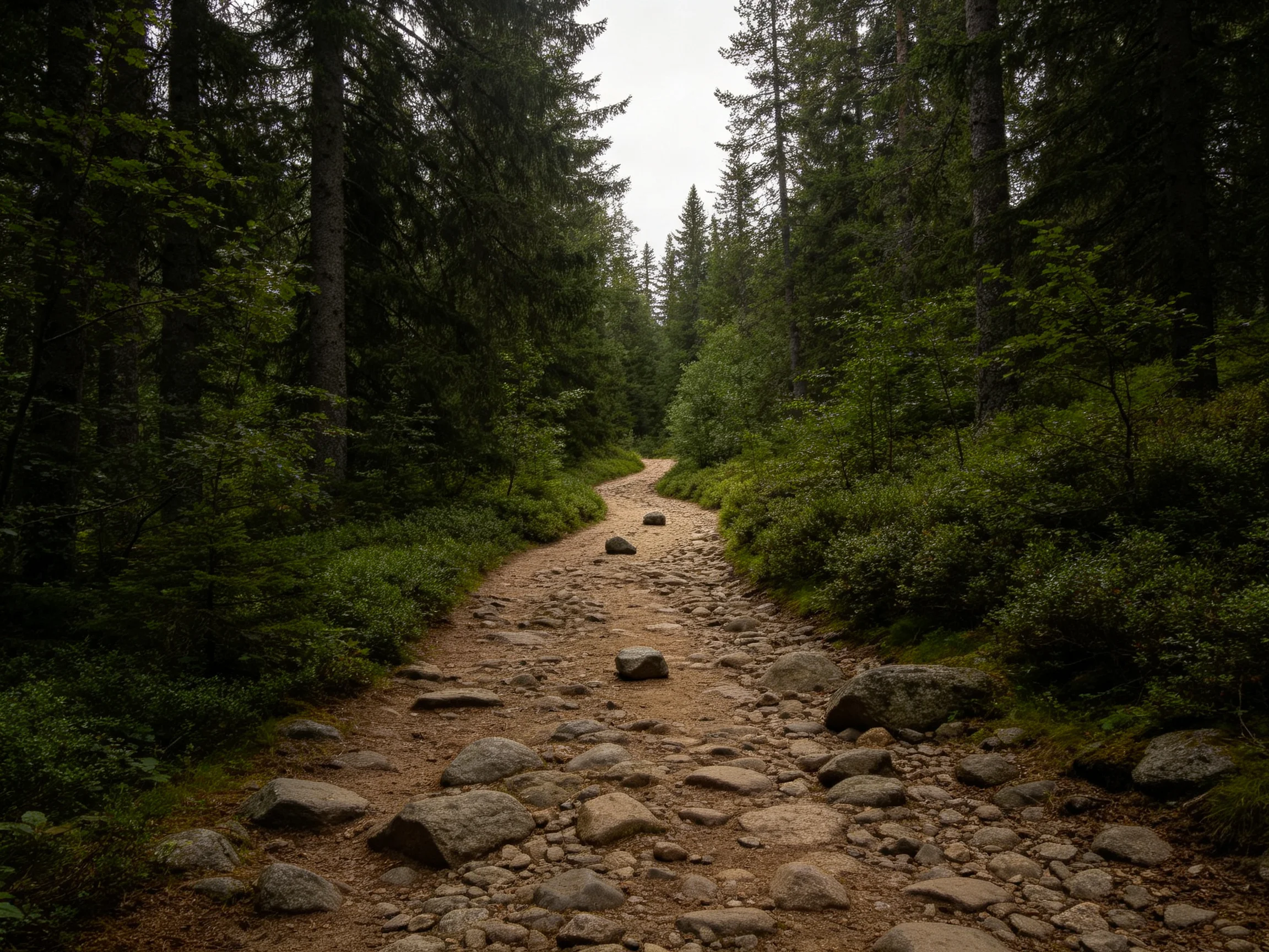 A rocky forest trail winding through dense evergreen trees