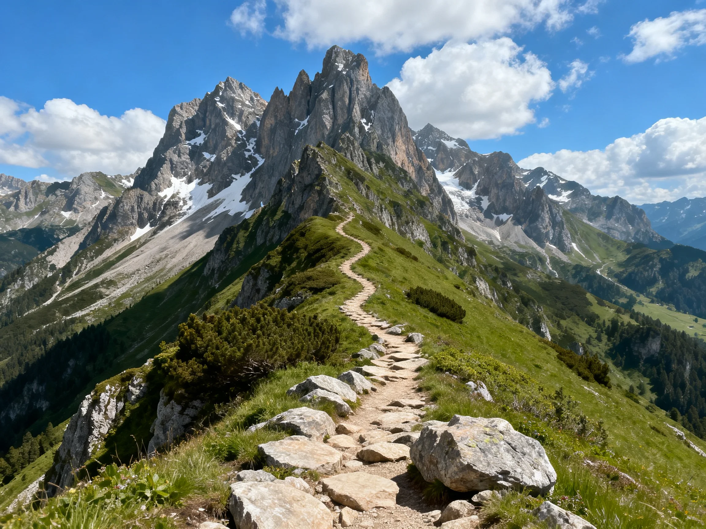 A rocky mountain trail winds through lush green meadows toward jagged peaks
