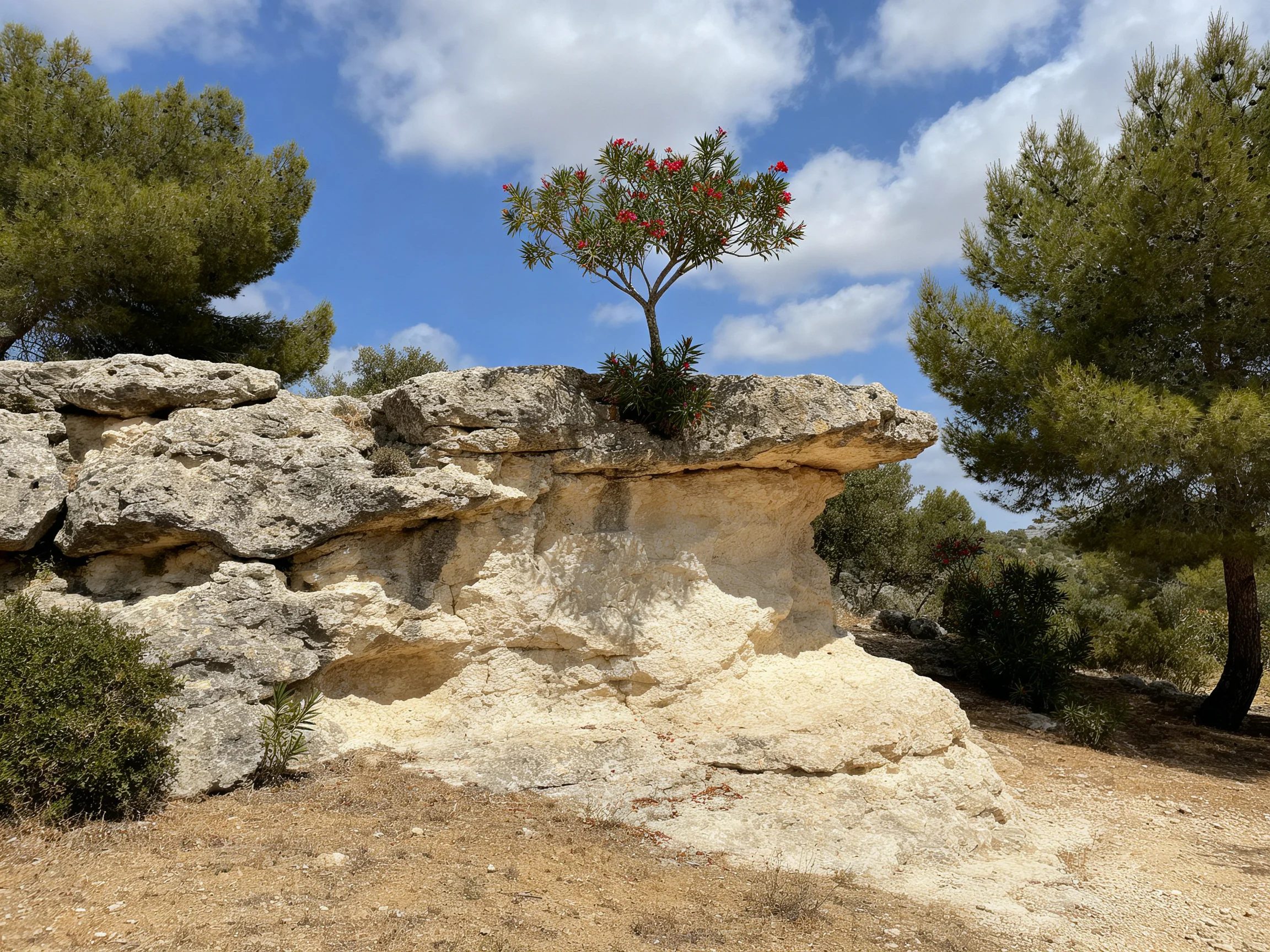 A rocky outcrop with a flowering tree, green pine trees nearby