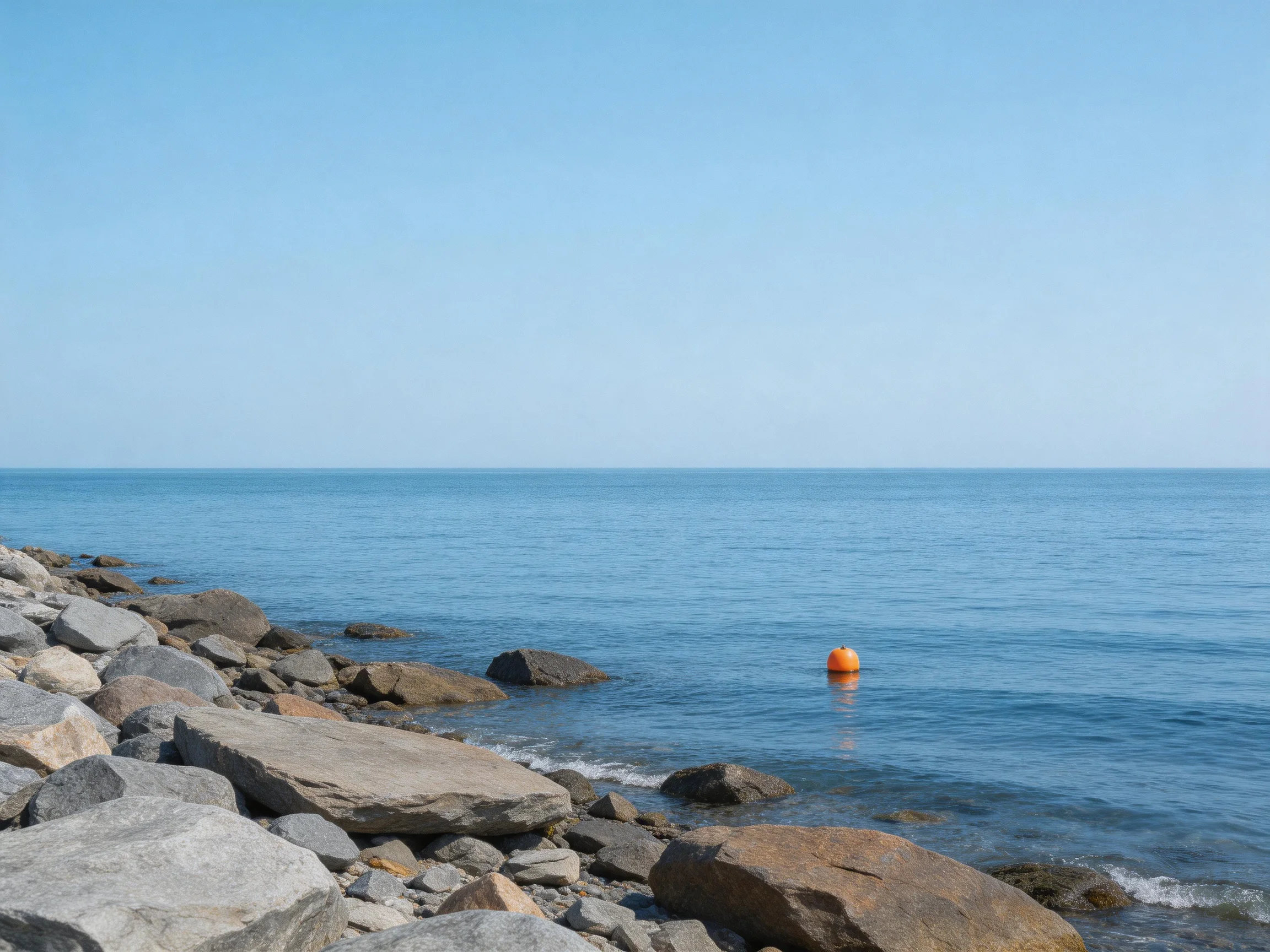 A rocky shoreline with calm blue waters and an orange buoy