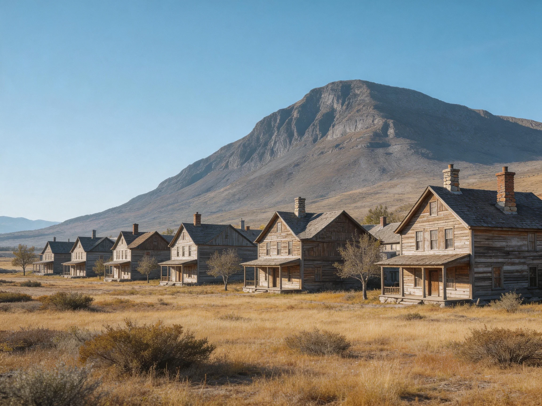A row of aged wooden cottages near a towering gray mountain in an arid landscape