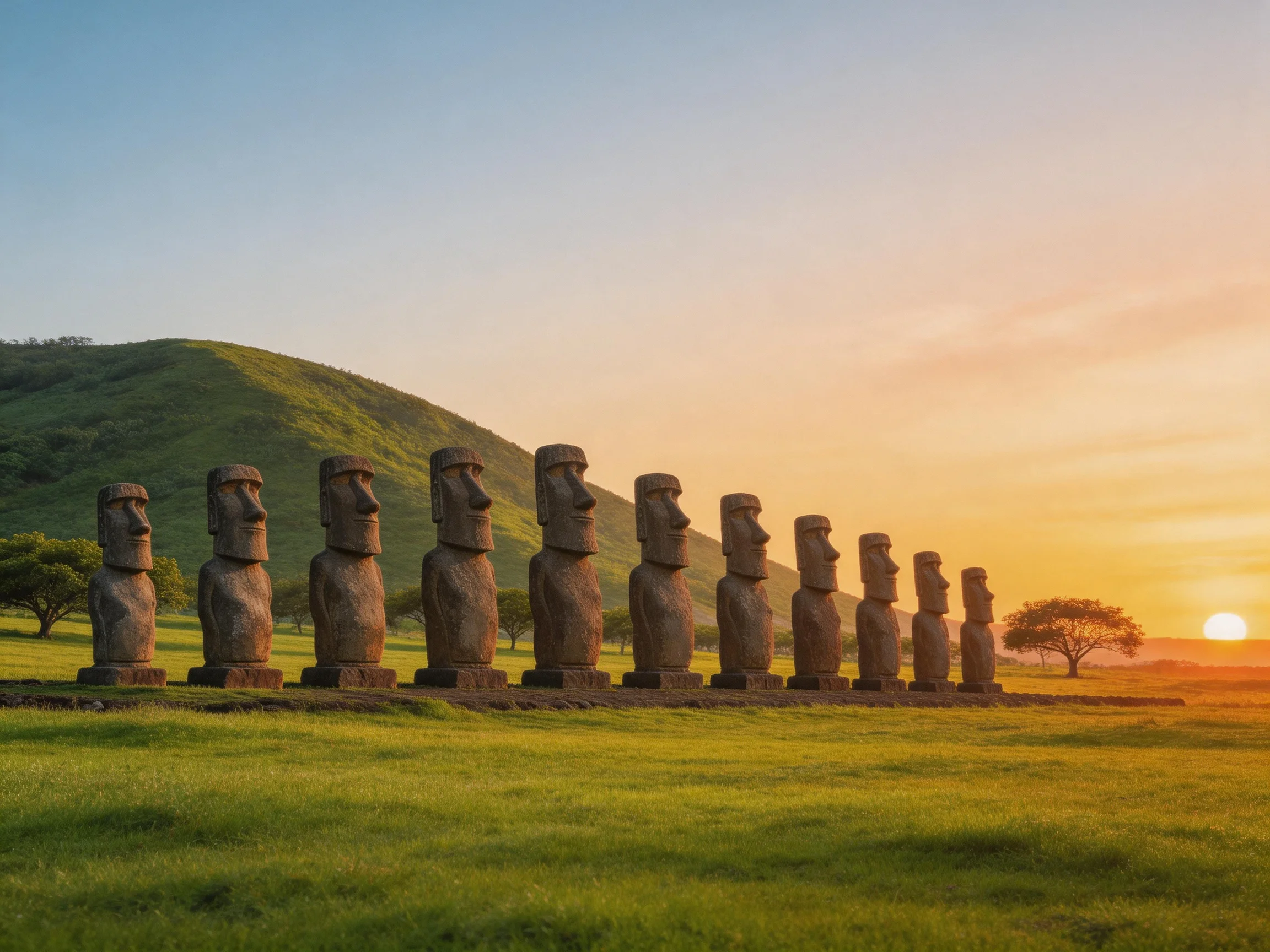 A row of ancient stone moai statues near a green hill at sunset