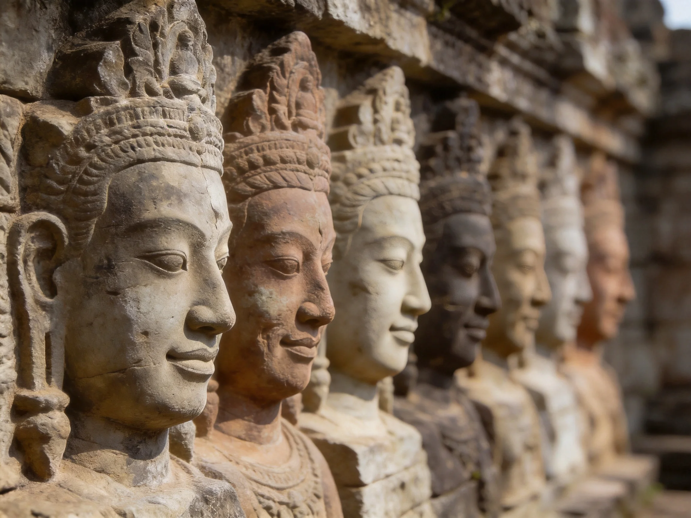 A row of ancient stone statues on a weathered temple wall