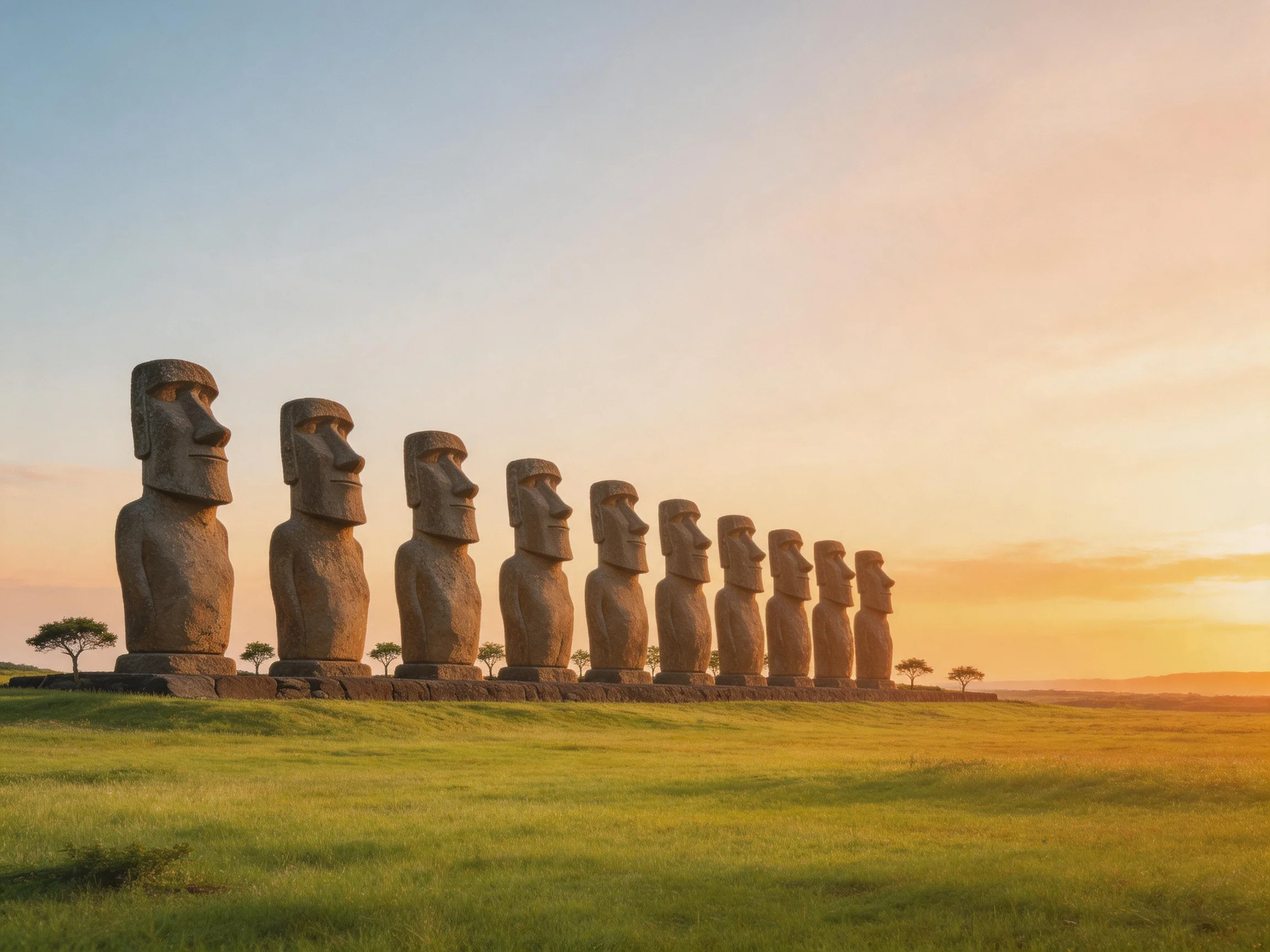 A row of massive stone Moai statues on a green field under a golden sunset