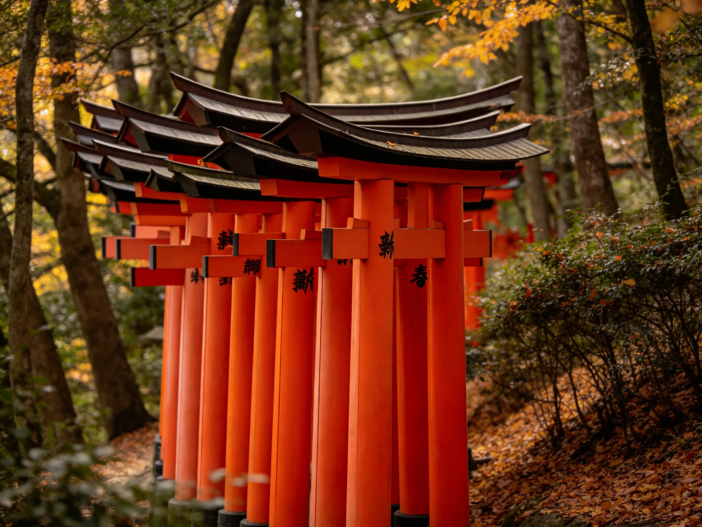 A row of vibrant red torii gates in autumnal woodland