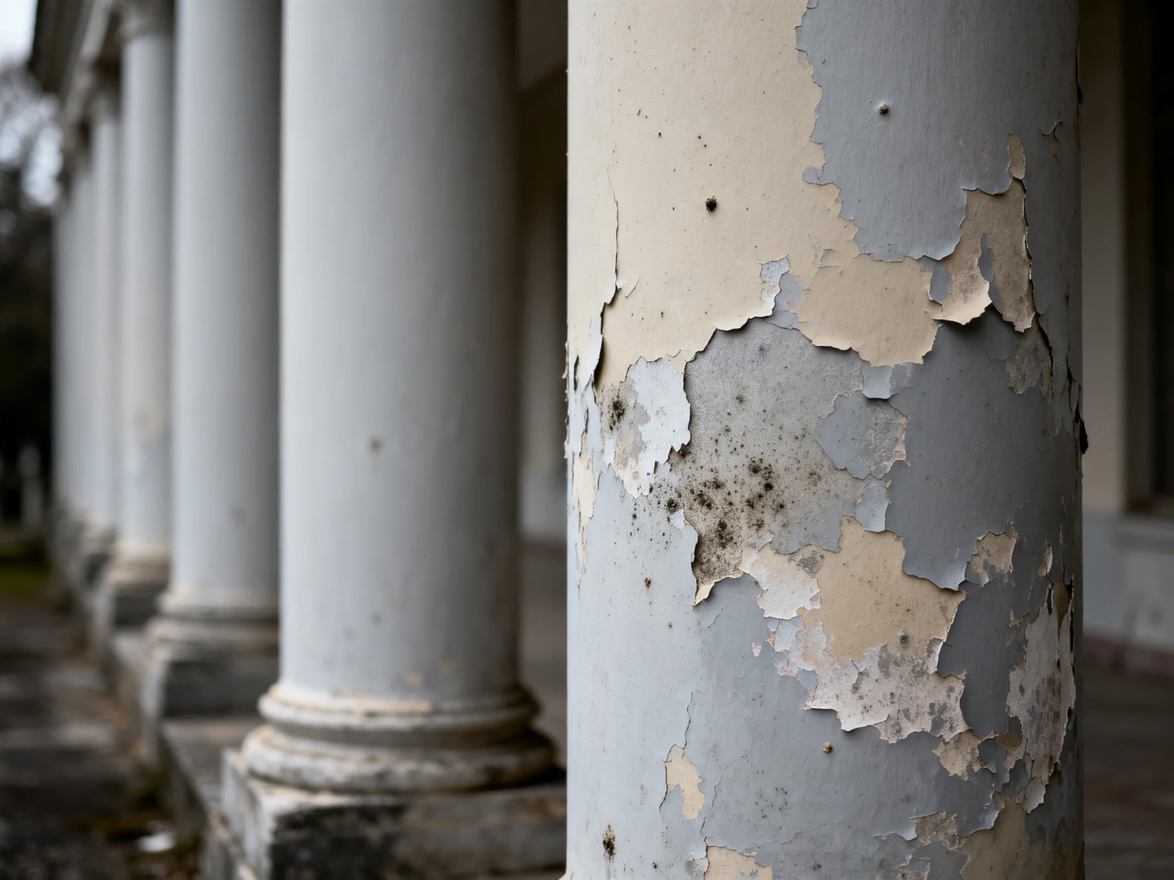 A row of weathered columns with peeling gray and beige paint