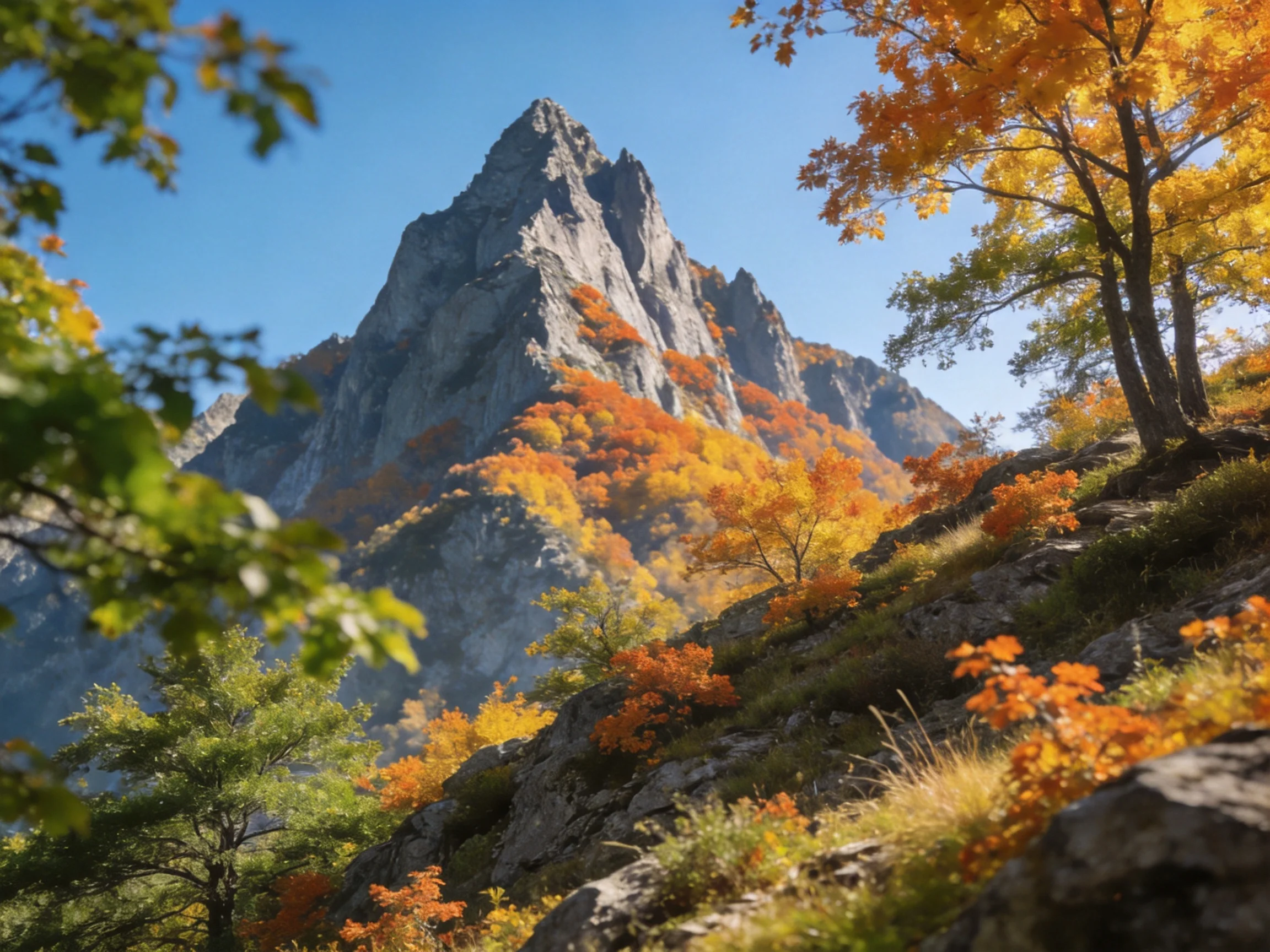 A rugged mountain peak surrounded by vibrant autumn forests