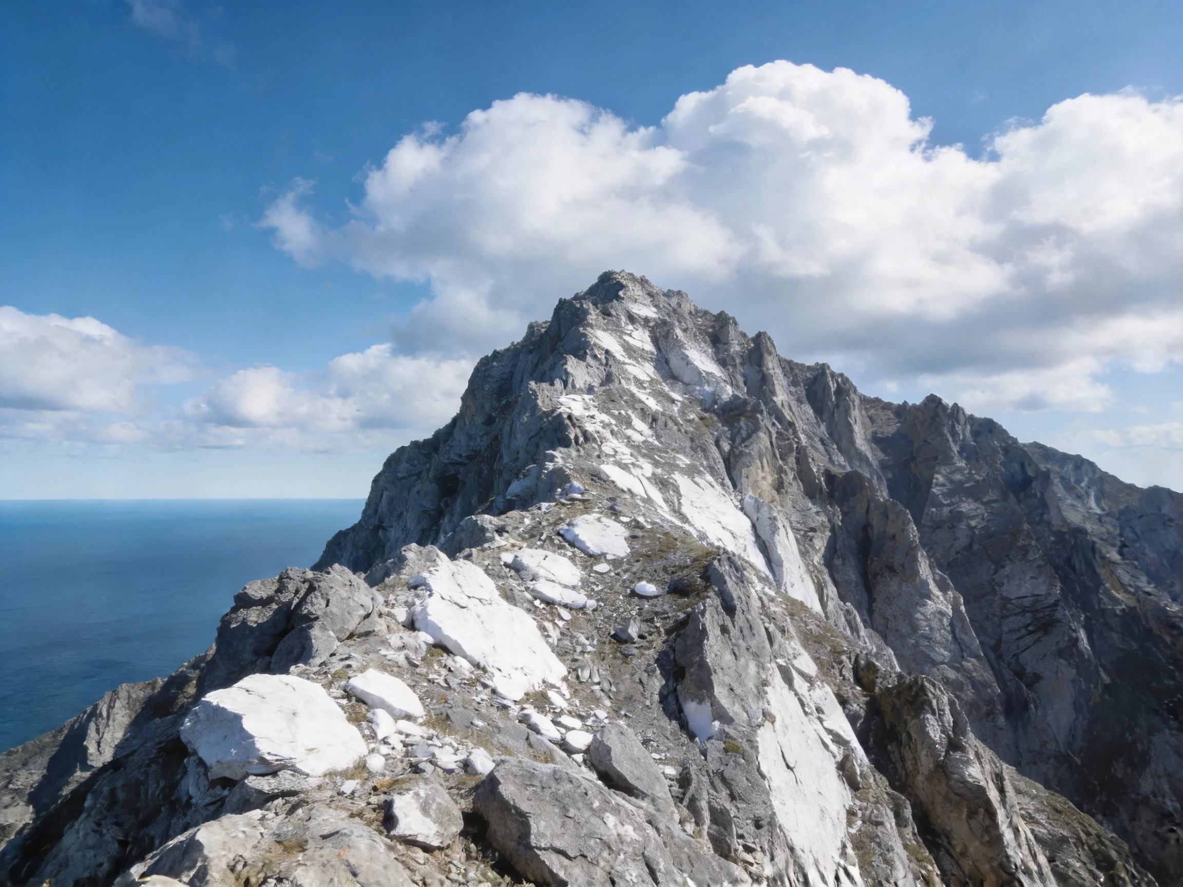 A rugged rocky mountain peak overlooking a deep blue sea