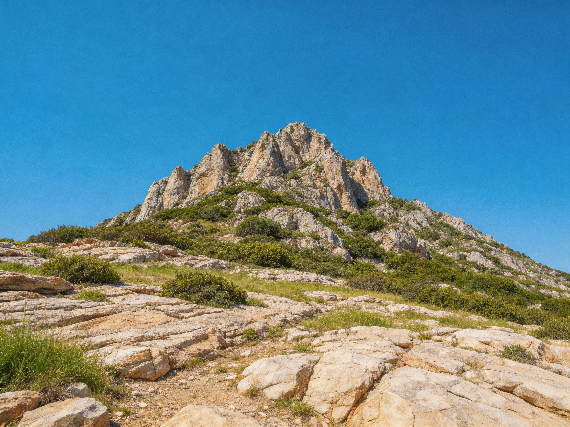 A rugged rocky peak with lush greenery beneath a clear blue sky