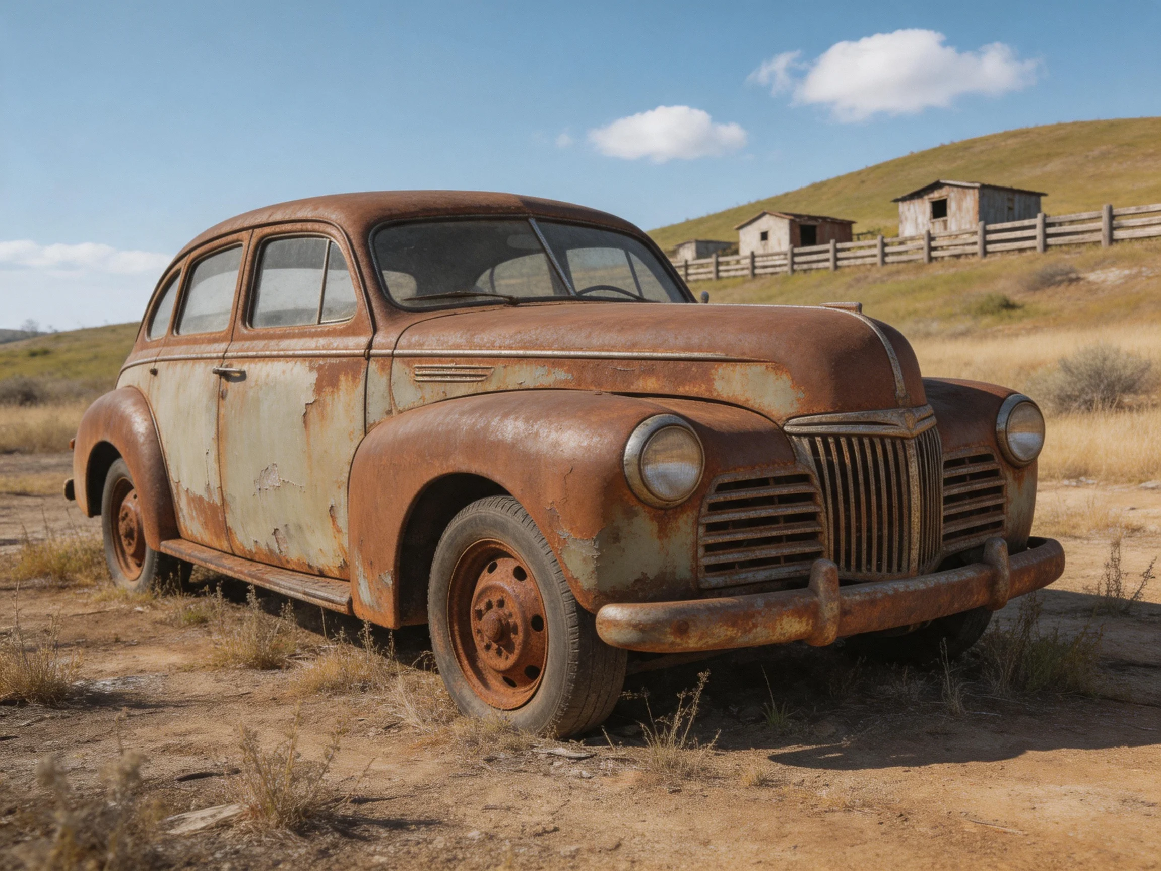 A rust-covered vintage sedan sits in a dry, rural landscape