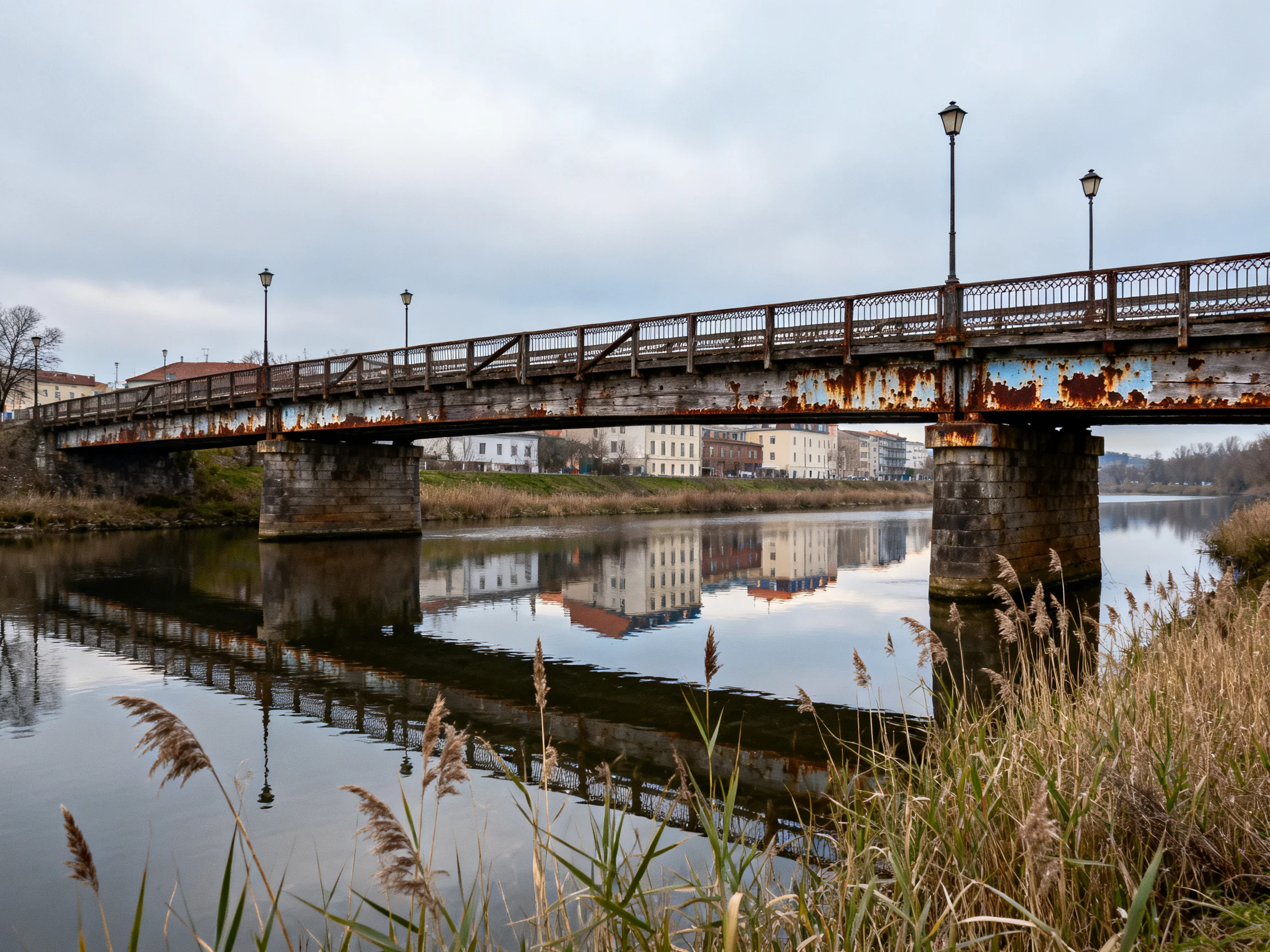A rusted, aged bridge spans a calm river with building reflections