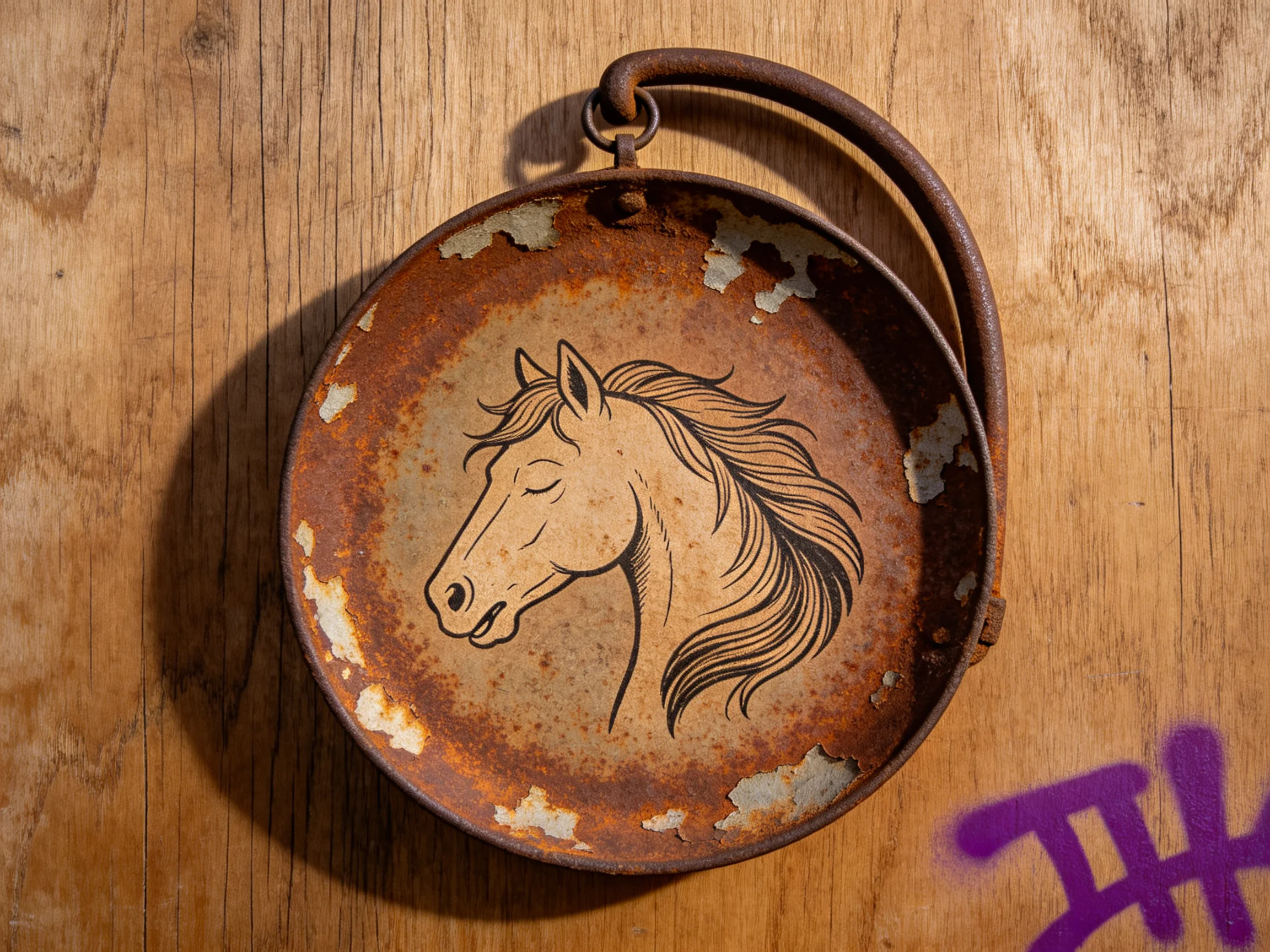 A rusted circular container with a horse illustration on wood