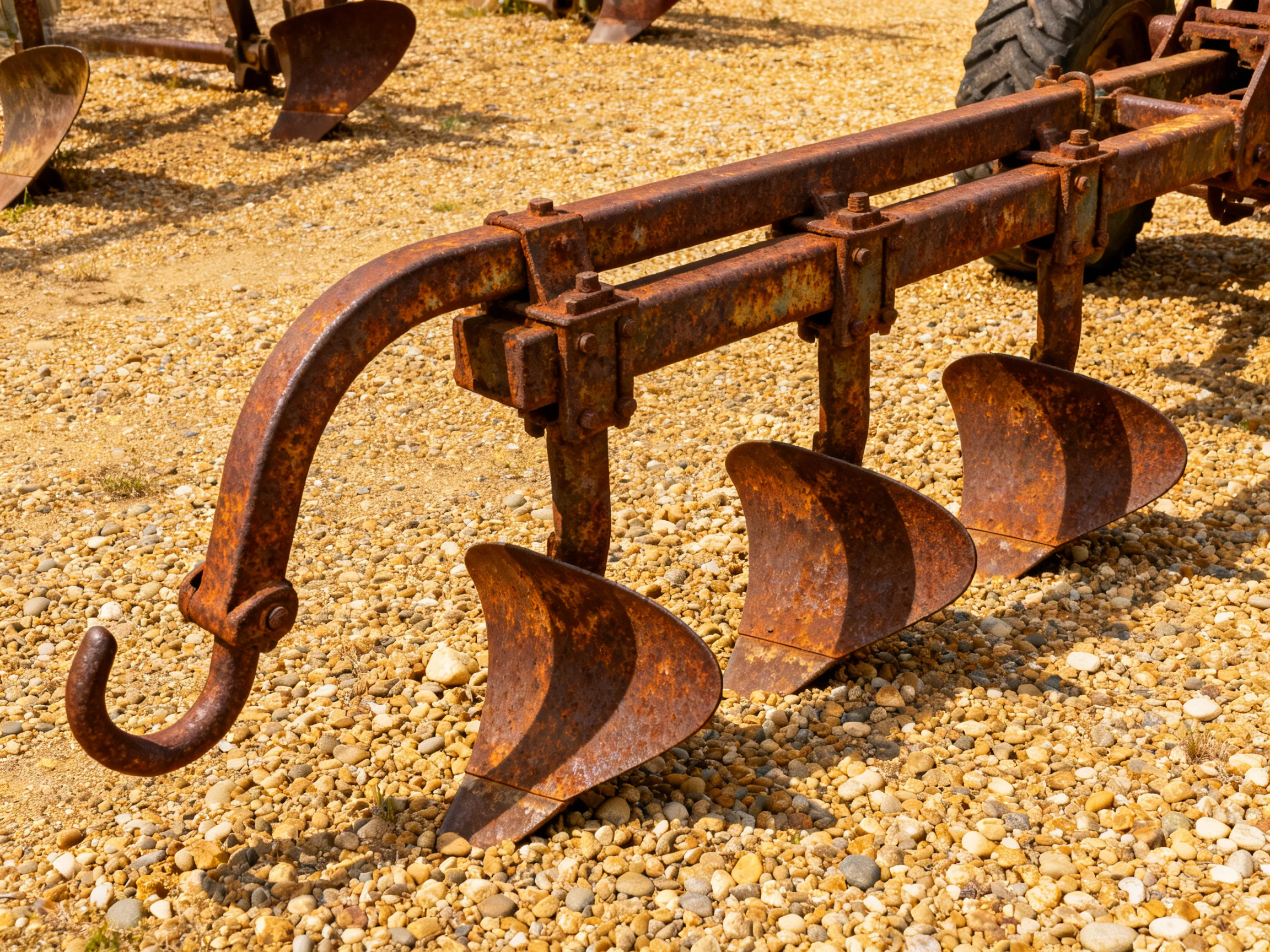A rusted four-blade plow resting on a gravelly field