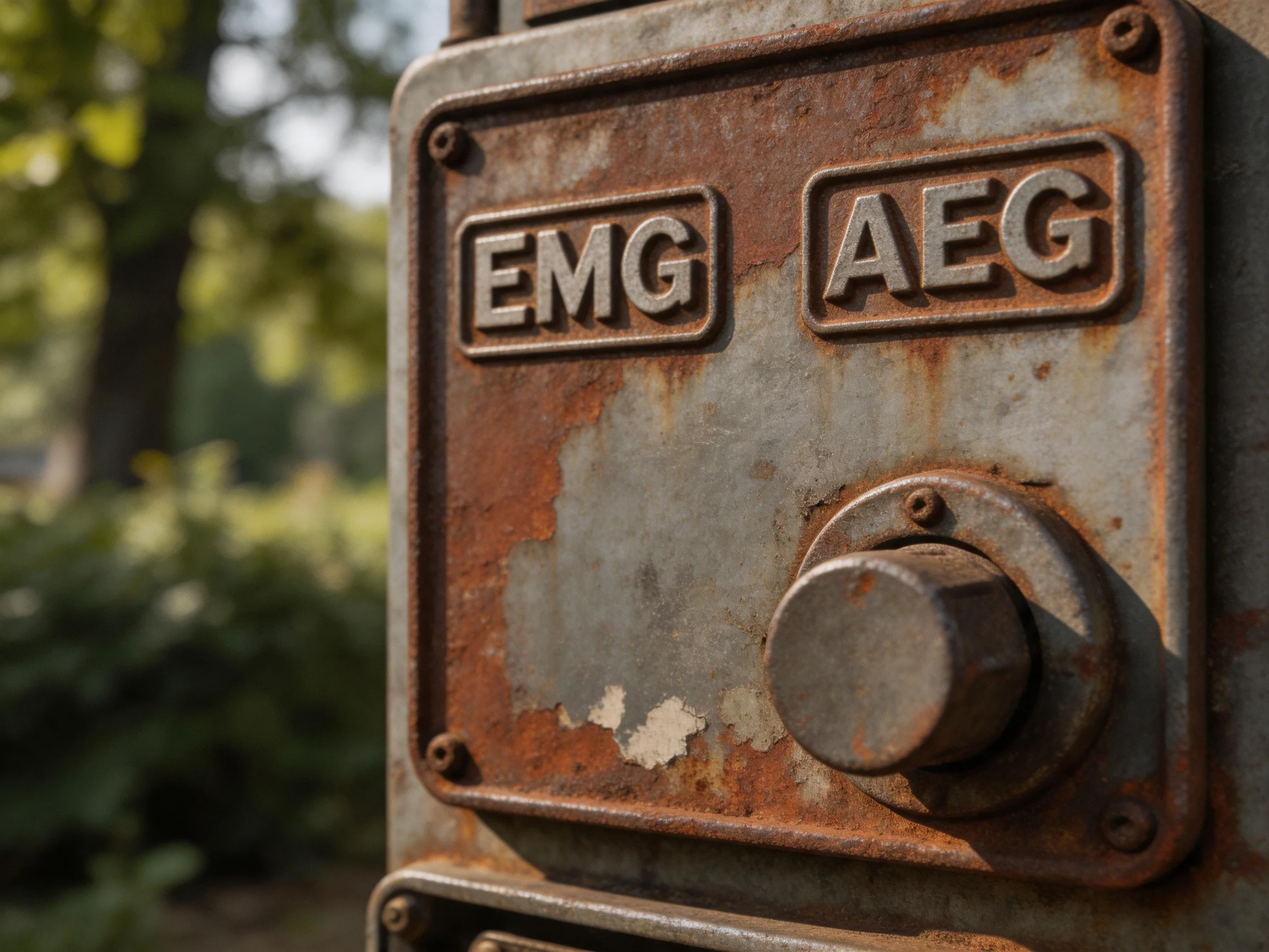 A rusted industrial control panel with embossed labels outdoors