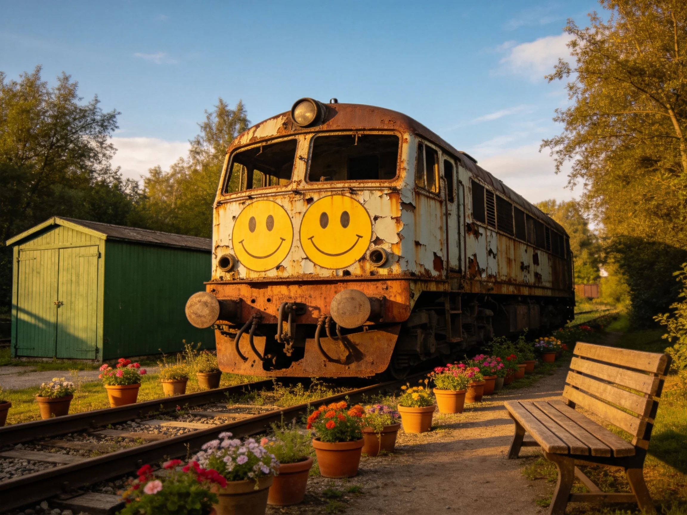 A rusted locomotive with yellow smileys near flower pots and a green shed