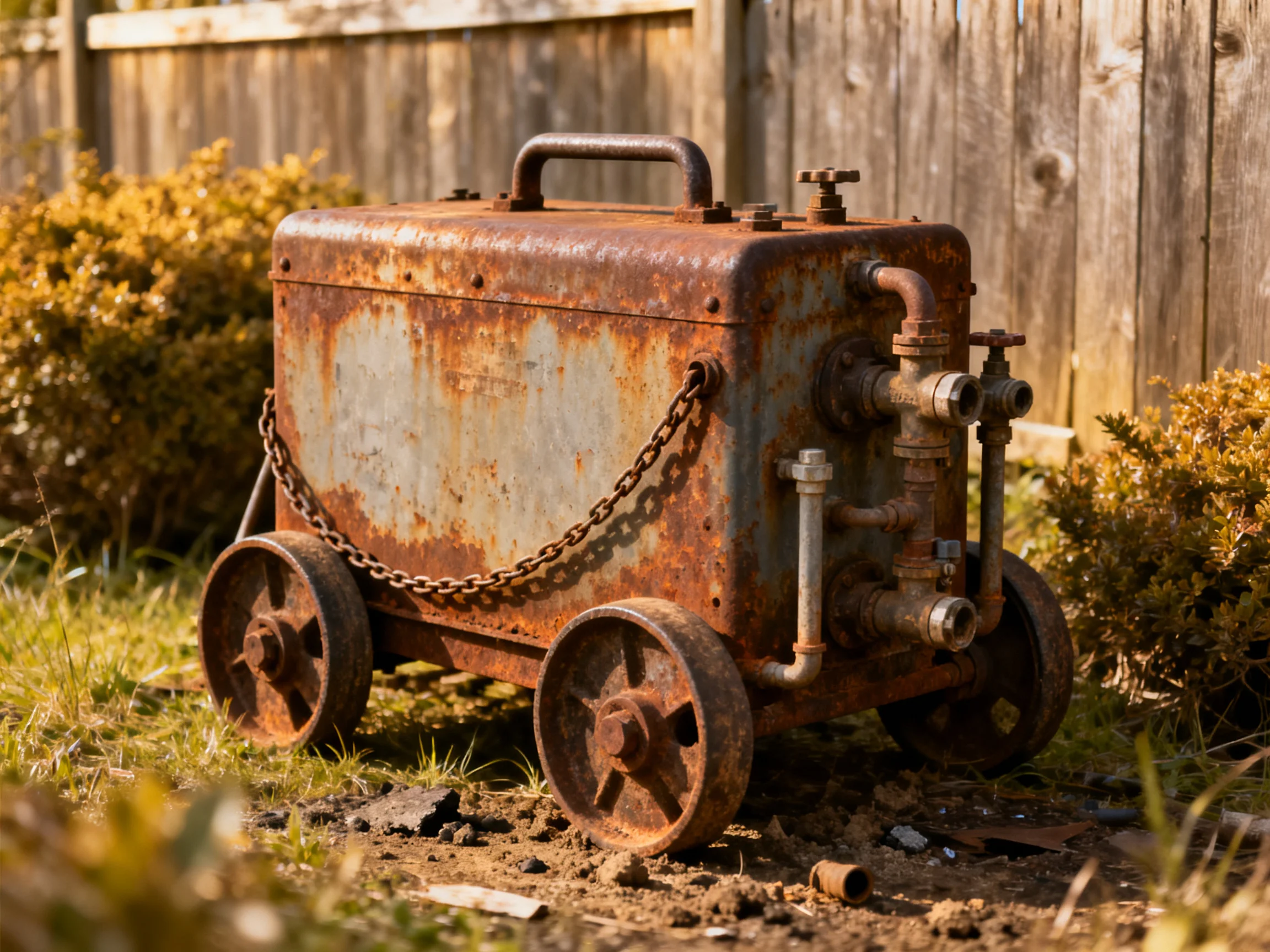 A rusted metal cart with large wheels near a weathered wooden fence