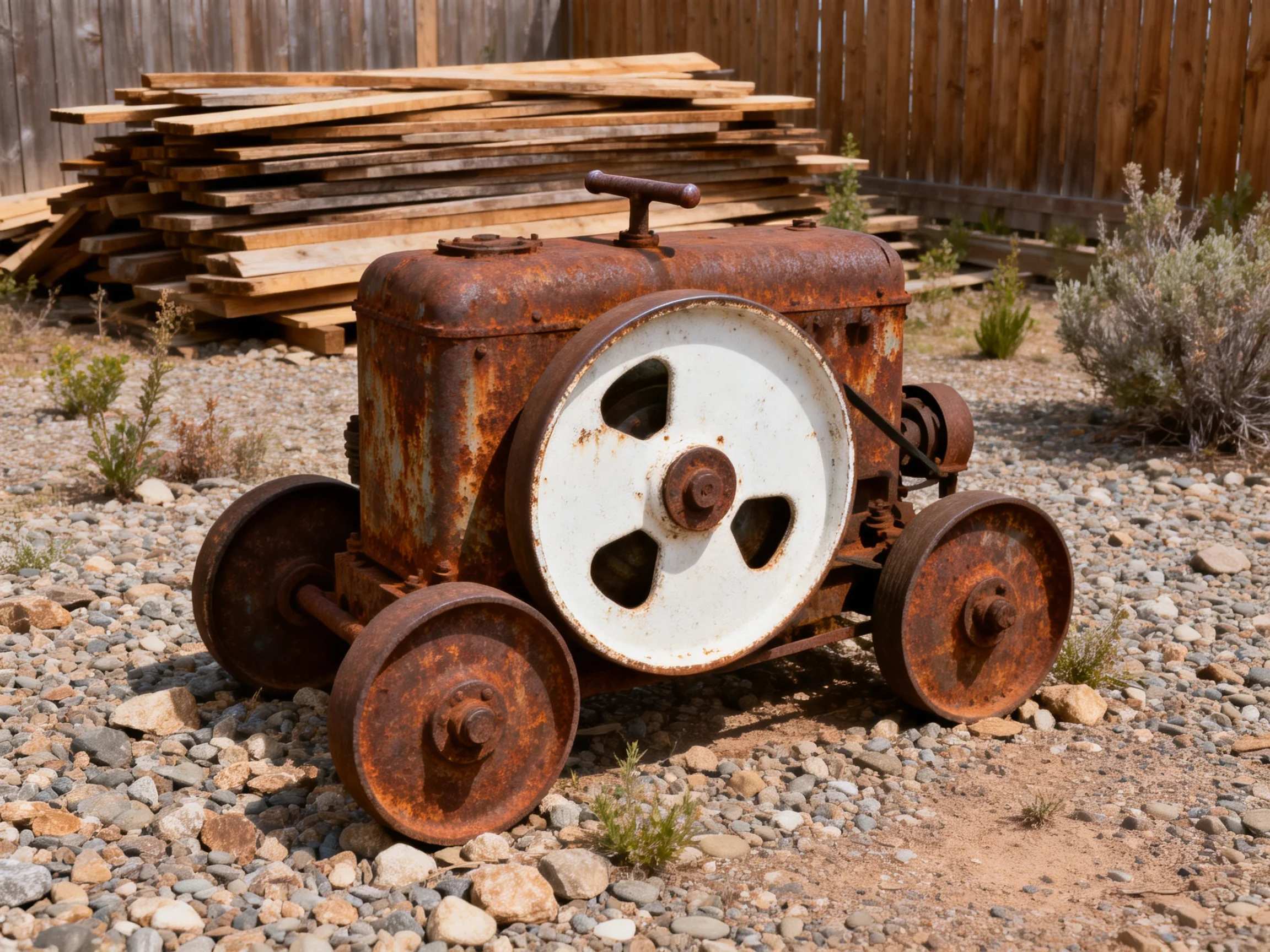 A rusted vintage tractor sits near stacked wooden planks on gravel