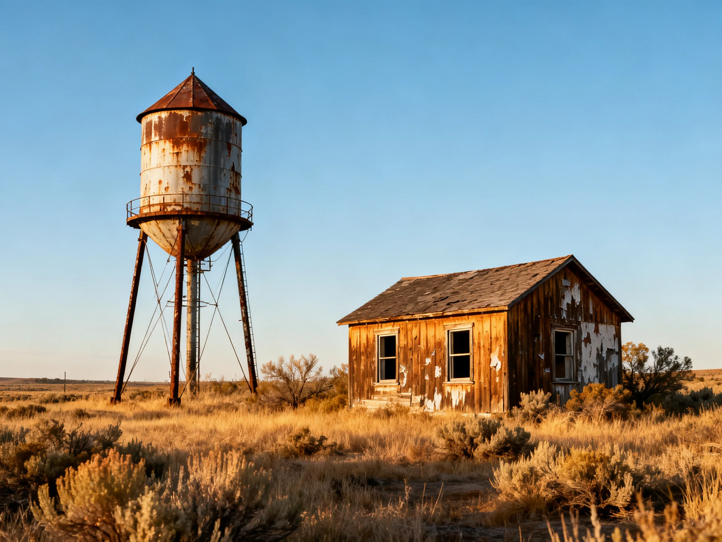 A rusted water tower beside an aged wooden house in a dry field
