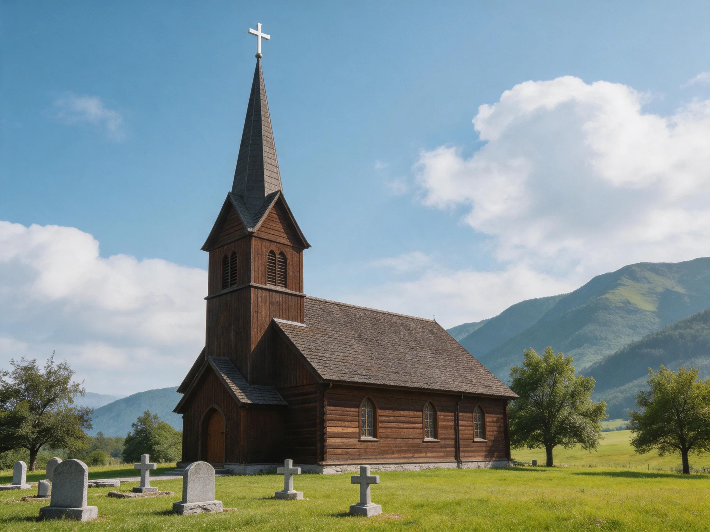 A rustic brown wooden church near green hills with stone crosses