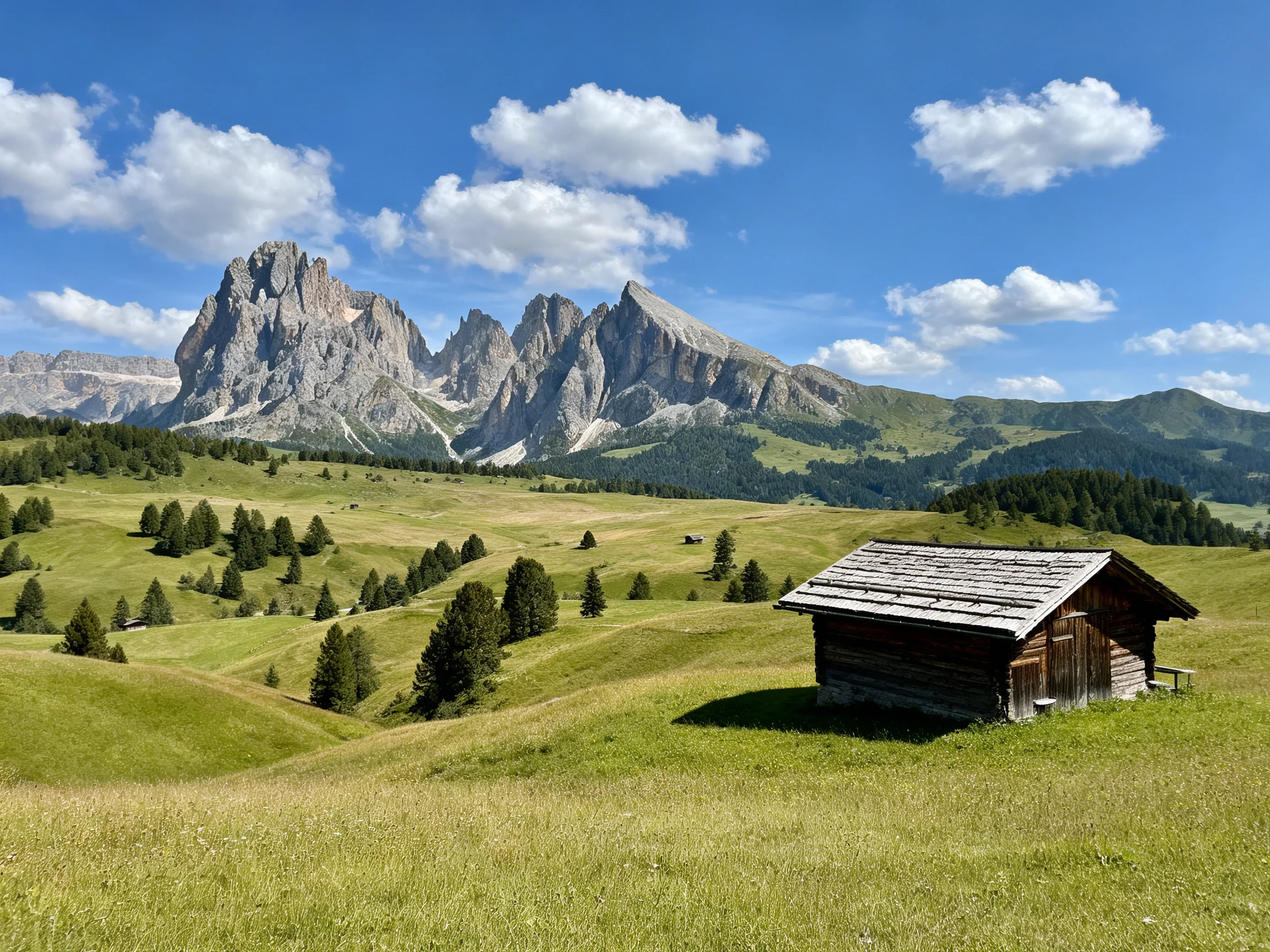 A rustic cabin sits amid lush meadows and towering rocky peaks
