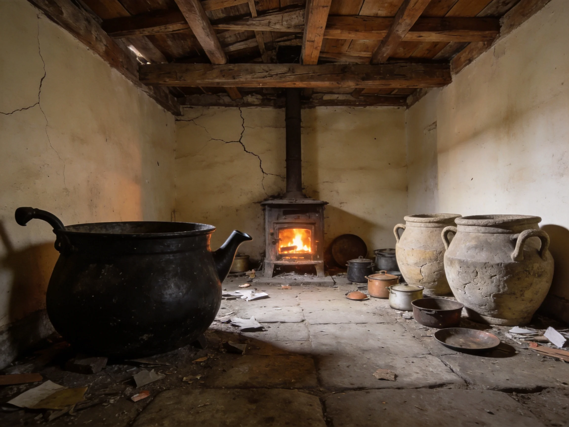 A rustic kitchen with a burning wood stove, large pots, and aged stone jars