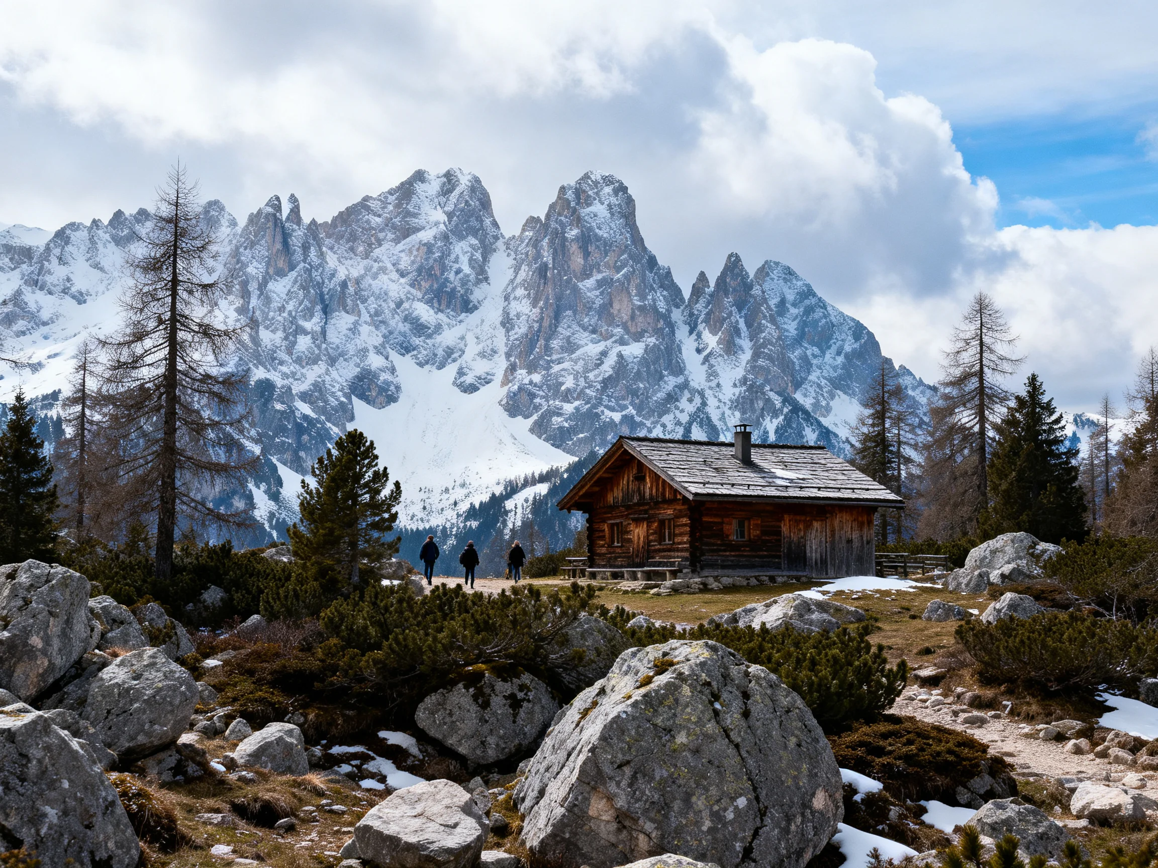 A rustic log cabin beside jagged snow - capped mountain peaks