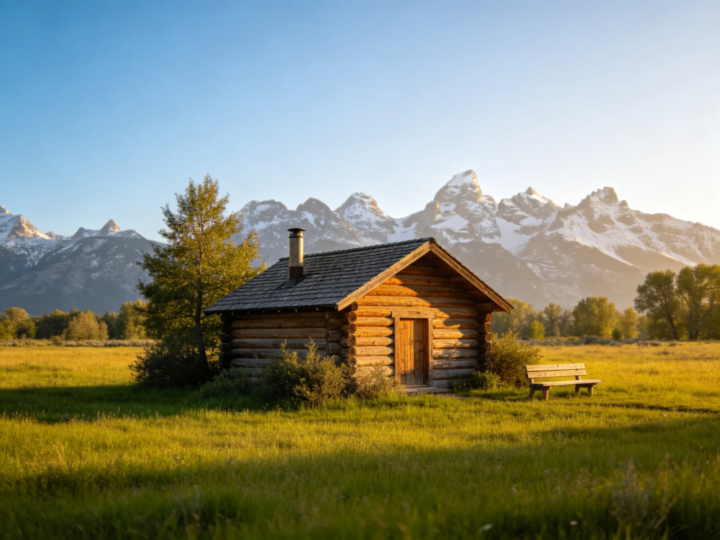 A rustic log cabin in a green meadow with snow-capped mountains