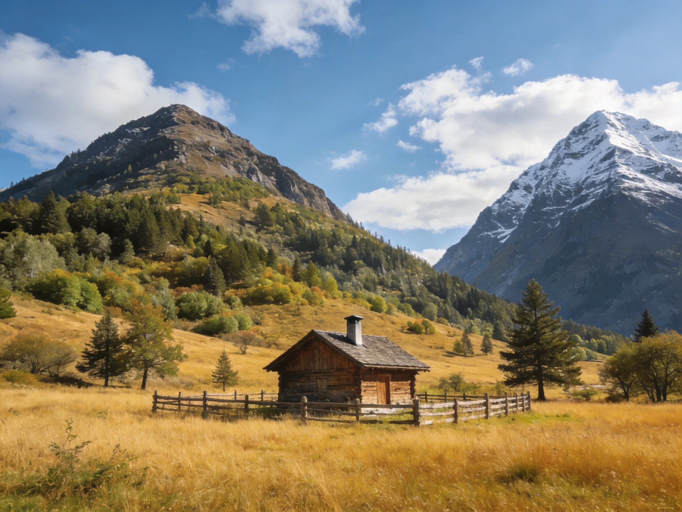 A rustic log cabin near golden meadows and snow-capped peaks