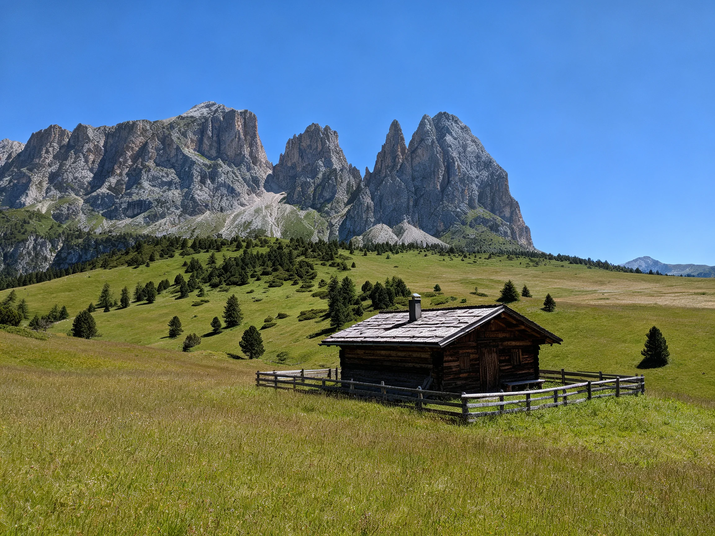 A rustic log cabin near jagged gray mountains under clear blue sky