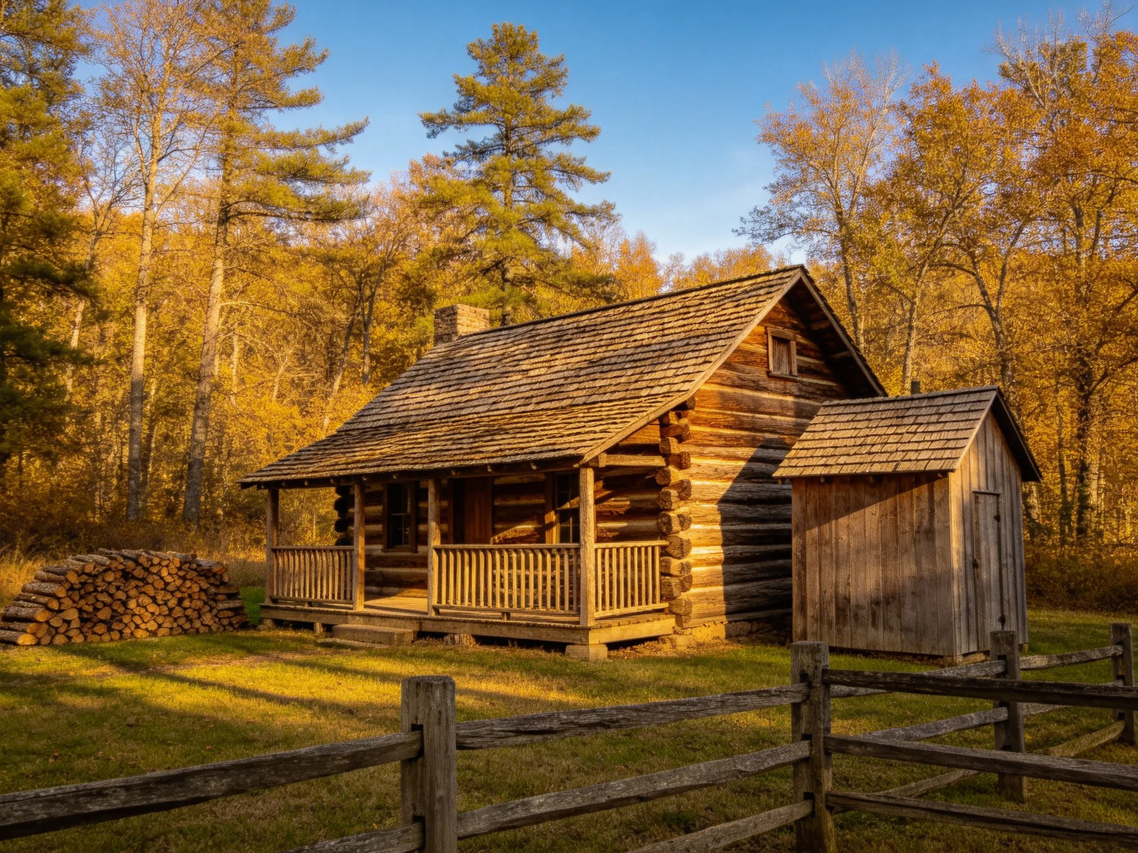 A rustic log cabin surrounded by golden autumn trees