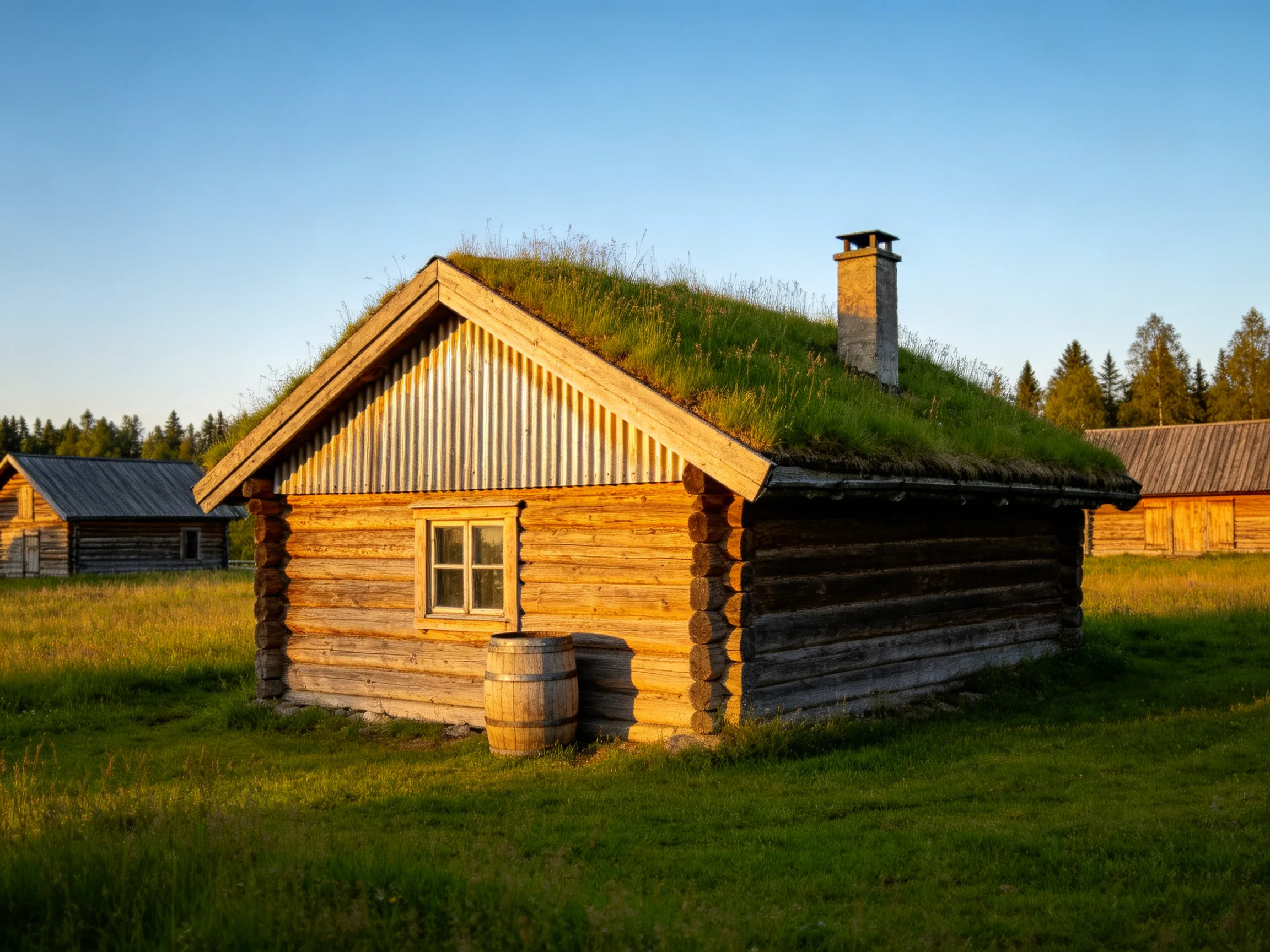 A rustic log cabin with a green-roofed structure near wooden barrels