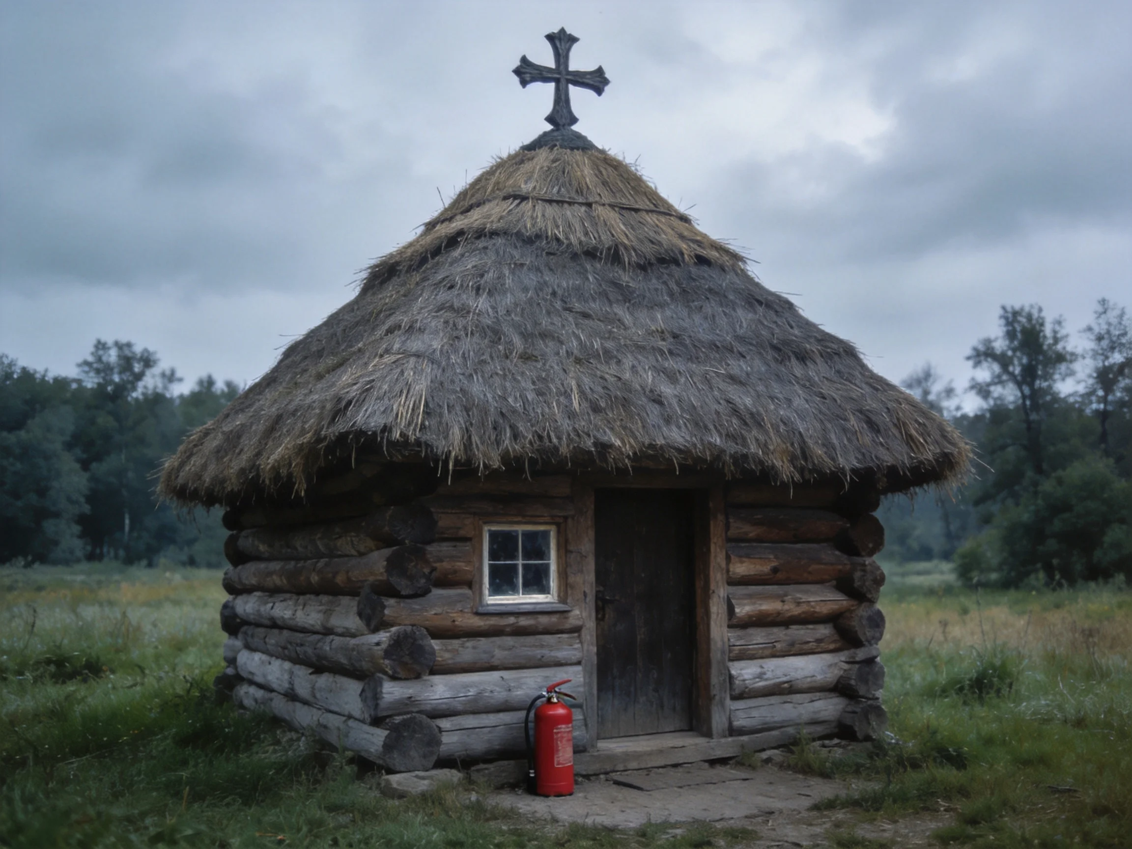 A rustic log cabin with thatched roof and wooden cross
