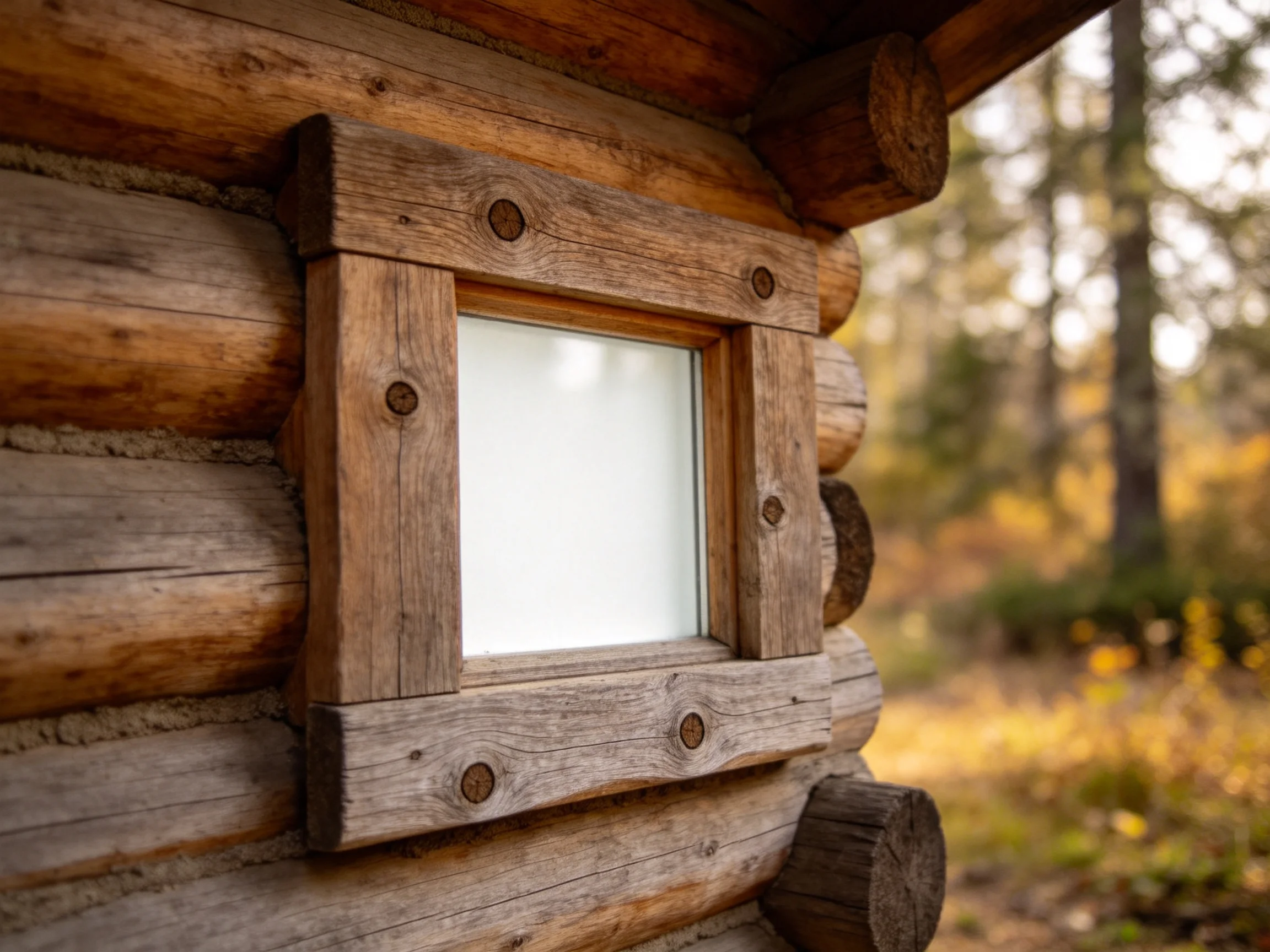 A rustic log cabin’s weathered wooden window frame