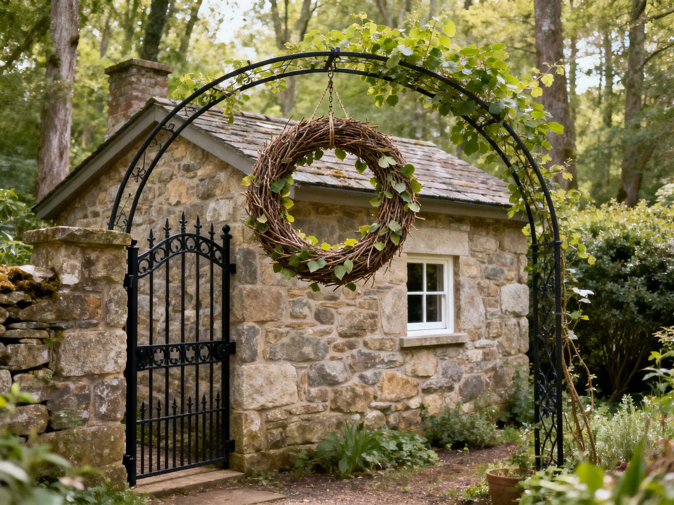 A rustic stone cottage with a black gate and leaf wreath in a wooded setting