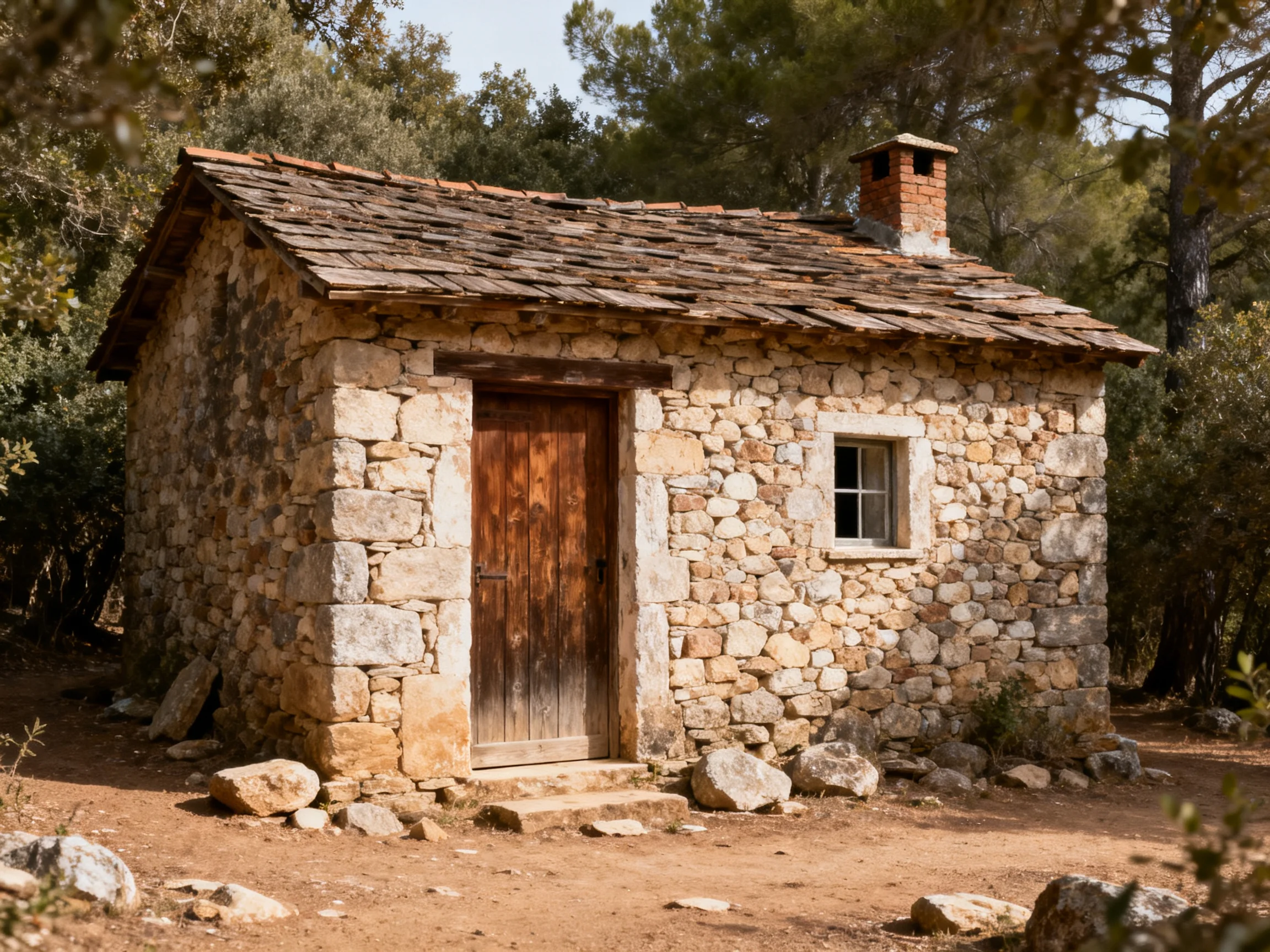 A rustic stone cottage with a brown wooden door near green trees