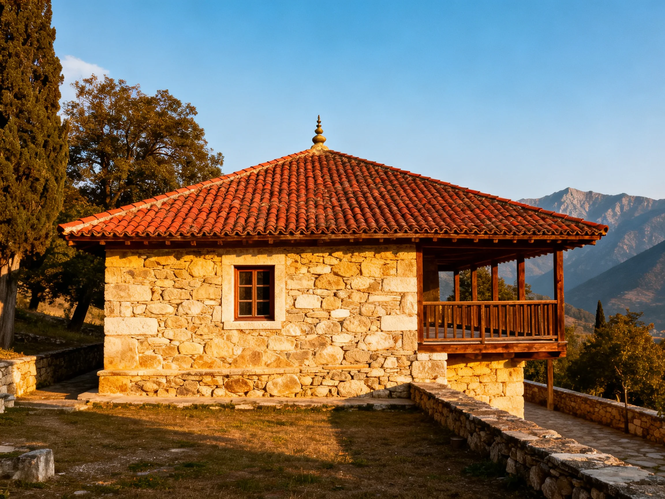 A rustic stone cottage with terracotta roof near mountainous terrain