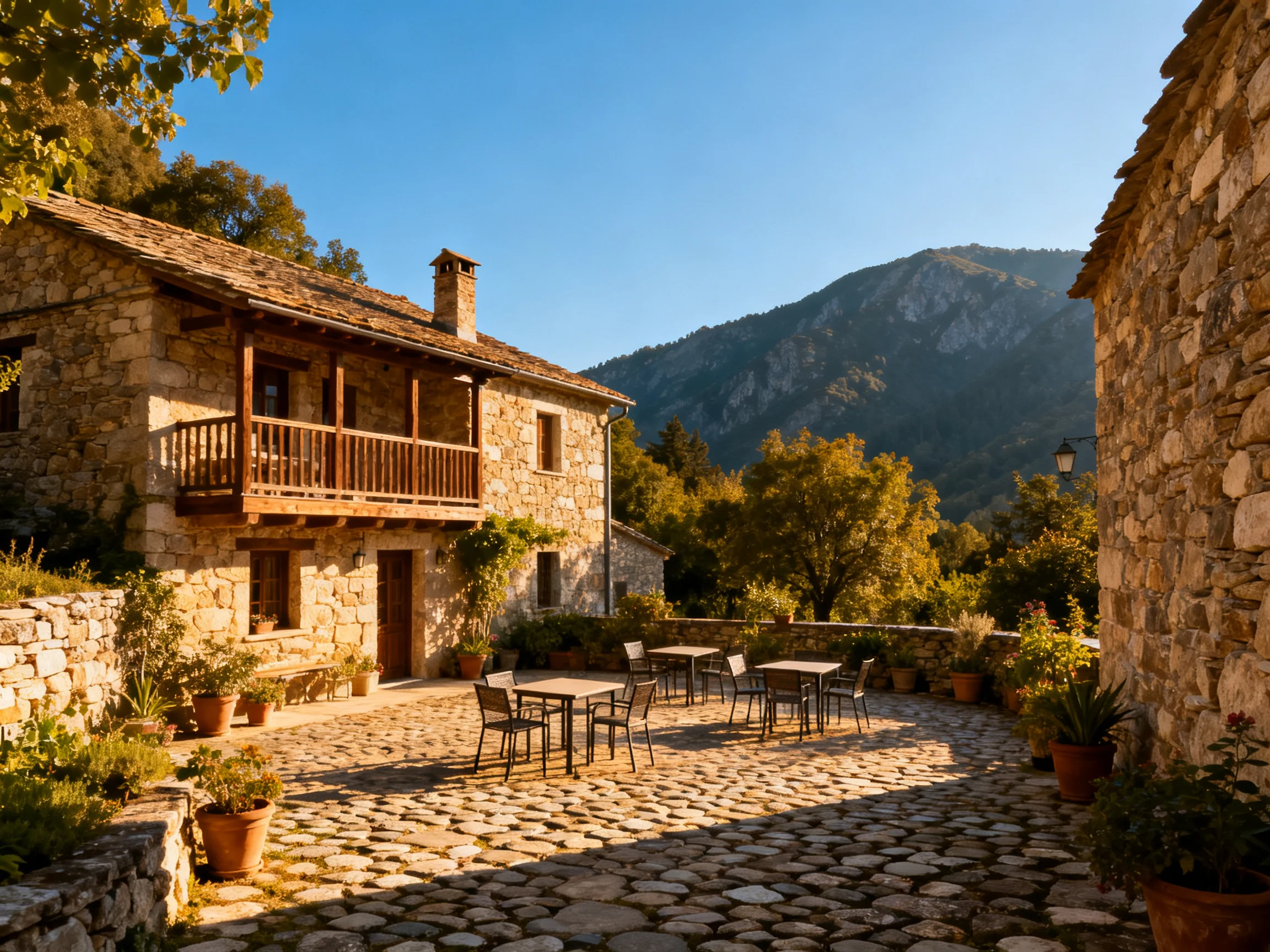 A rustic stone cottage with wooden balcony near mountainous terrain