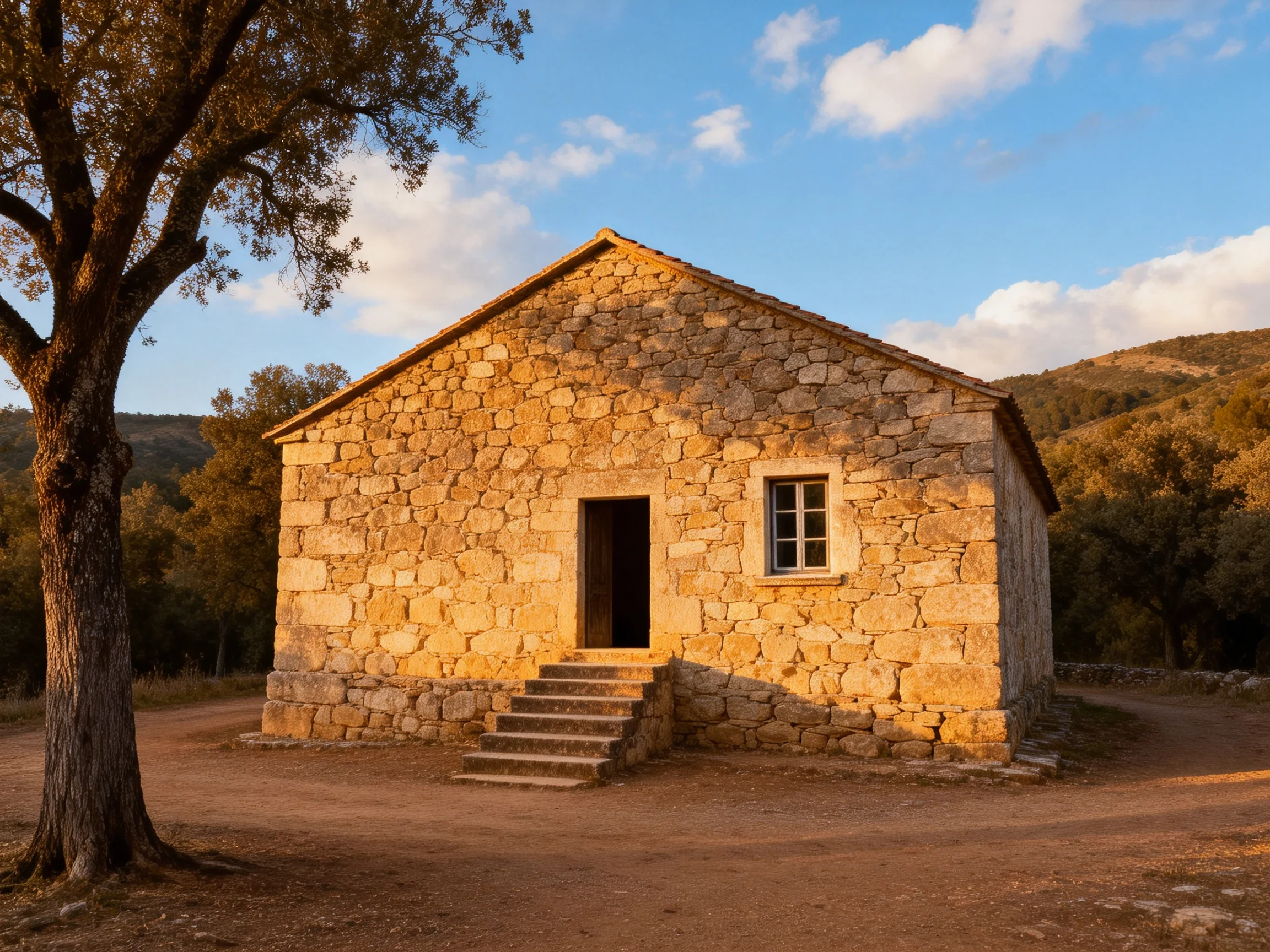 A rustic stone house illuminated by golden sunlight in a rural setting
