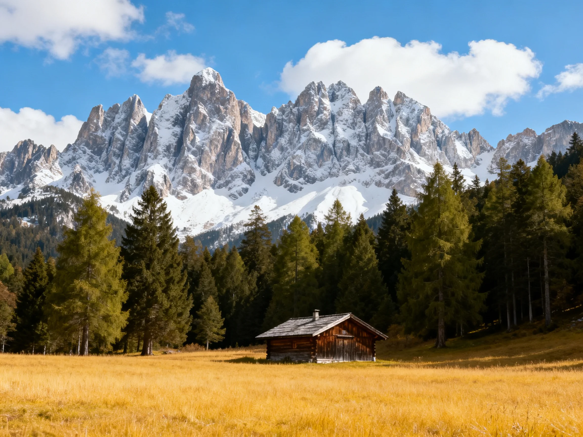 A rustic wooden cabin in a golden meadow near snow-capped mountains
