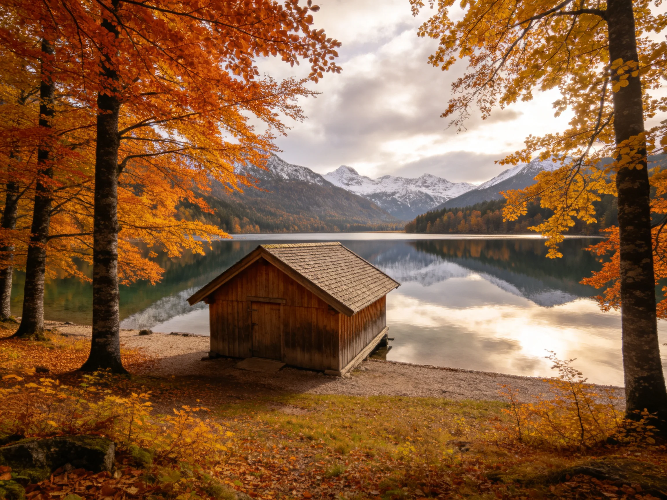 A rustic wooden cabin near a serene autumn lake with golden foliage