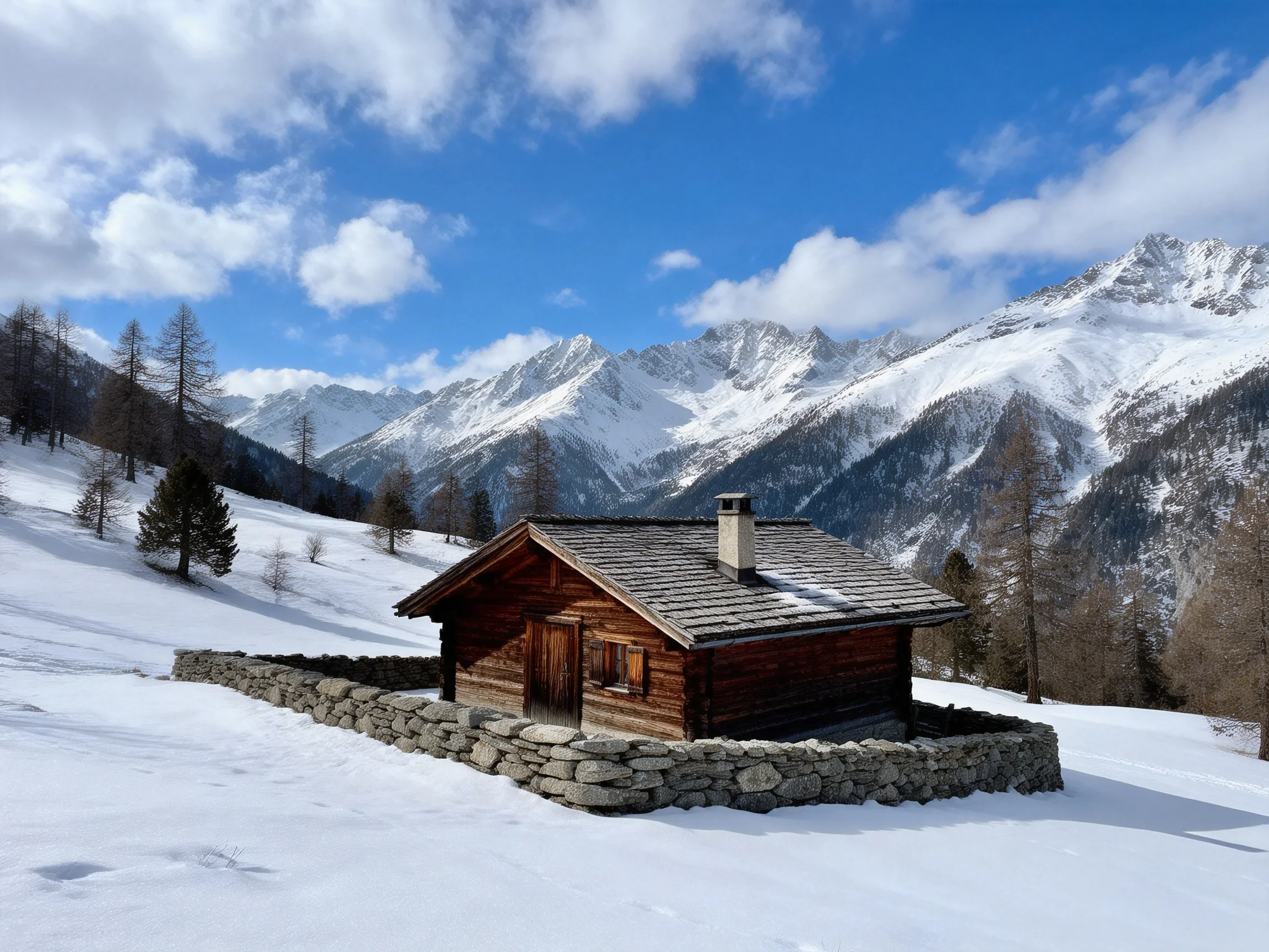 A rustic wooden cabin near snow-capped mountain peaks